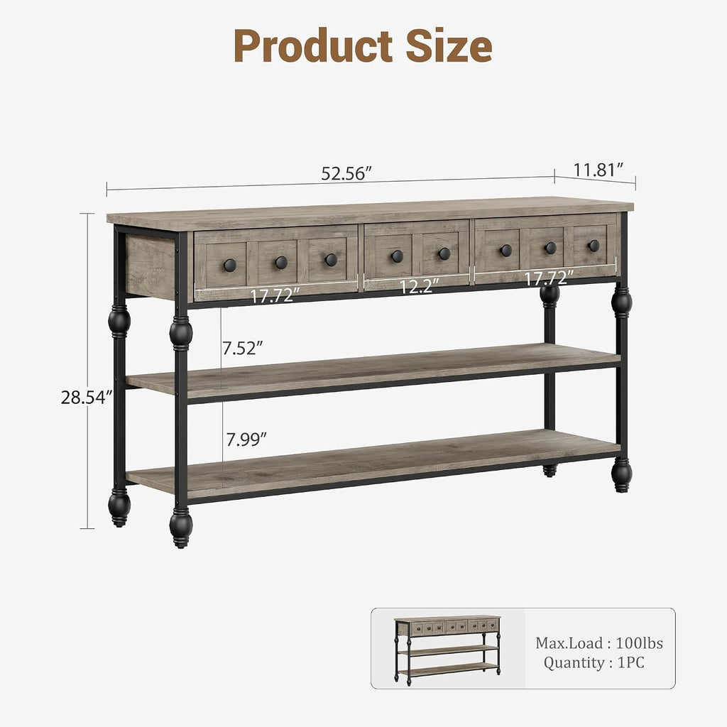 GarveeHome 52' Console Table, Entryway Table with 3 Storage Drawers, 3 Tier Industrial Metal Sofa Table, Behind Couch Table, Hallway Table for Entry, Living Room (Grey)