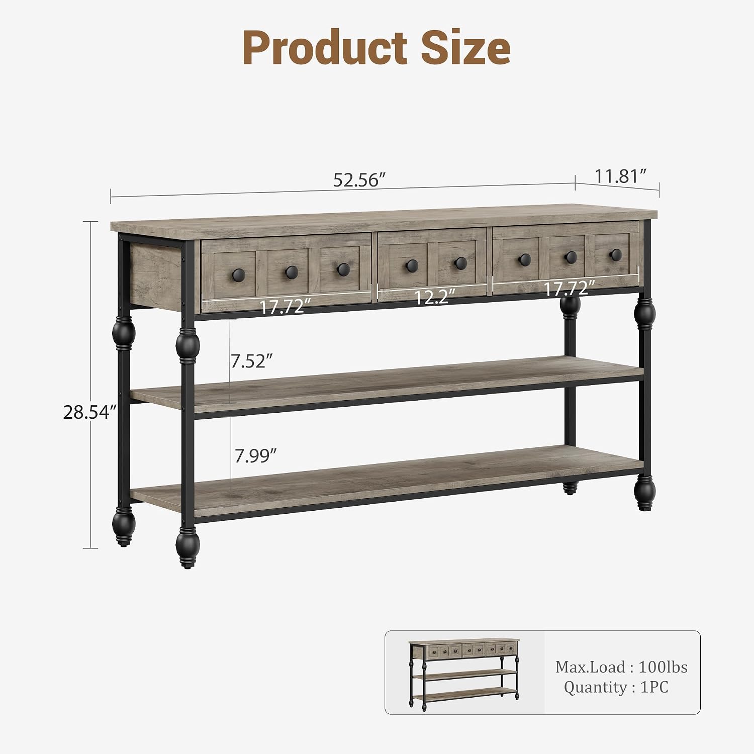 GarveeHome 52' Console Table, Entryway Table with 3 Storage Drawers, 3 Tier Industrial Metal Sofa Table, Behind Couch Table, Hallway Table for Entry, Living Room (Grey)