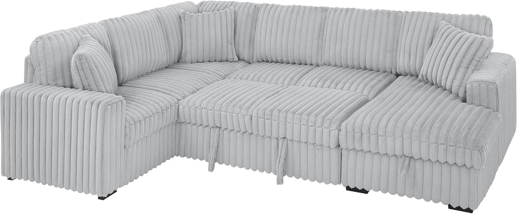 DEINPPA 122 Inch Sleeper Sofa Couch with Pullout Bed, Chunky Furry Corduroy Sectional Sofa with Storage Chaise and Charging Ports, Large Sectional Couches for Living Room-Grey