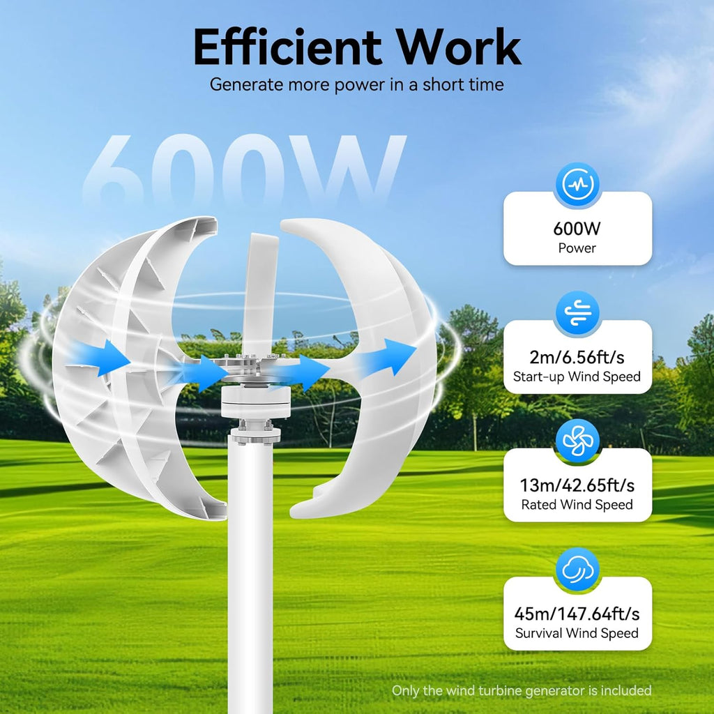 Wind Turbine Generator, 600W 24V Automatic Windmill Power Generator 5-Blade Home Wind Turbine System with Controller, Home Windmill Power Equipment Kit for Boats, Gazebos, Chalets