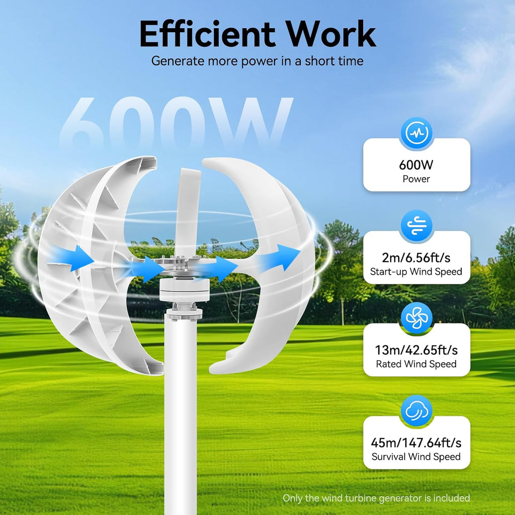 Wind 600W Turbine Generator, 24V 5 Blades Lantern Motor Vertical Axis Windmill Kit with Controller, Low Wind Speed Starting Wind Power Generator for Home, Camping (24V,600W)