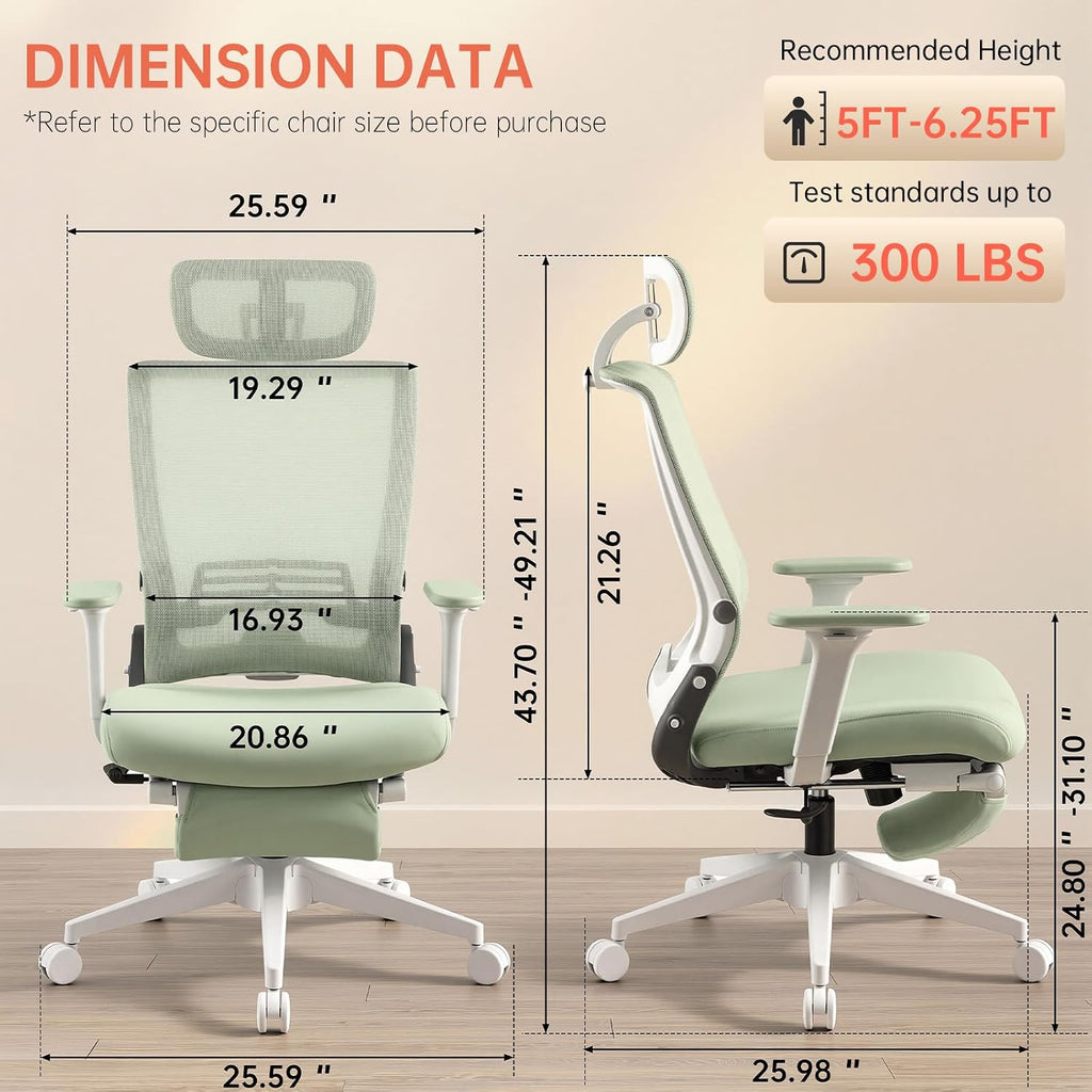 Foldable Office Chair with Foot Rest, Ergonomic Office Chair with Adjustable Lumbar Support, Headrest, Armrest, Home Office Desk Chair for Space Saving, Work from Home, Green