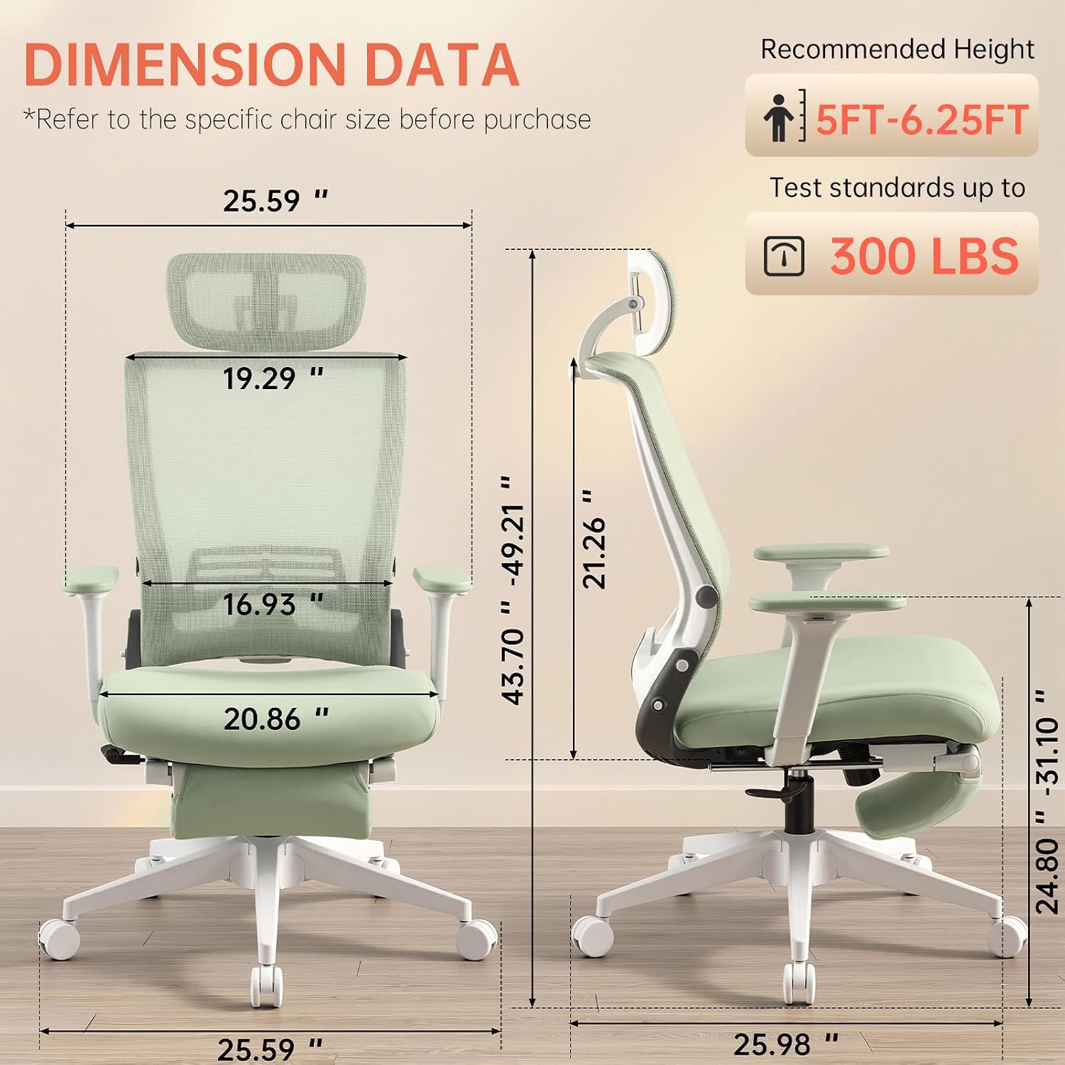 Foldable Office Chair with Foot Rest, Ergonomic Office Chair with Adjustable Lumbar Support, Headrest, Armrest, Home Office Desk Chair for Space Saving, Work from Home, Green