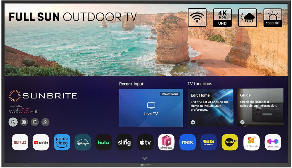 SunBrite 75' Solis Smart Outdoor Television, Full-Sun 4K TV, 1500-Nit Brightness, Anti-Glare Screen, IP55 Weatherproof, Wi-Fi Bluetooth, Integrated Speakers SB-FS-75-BL
