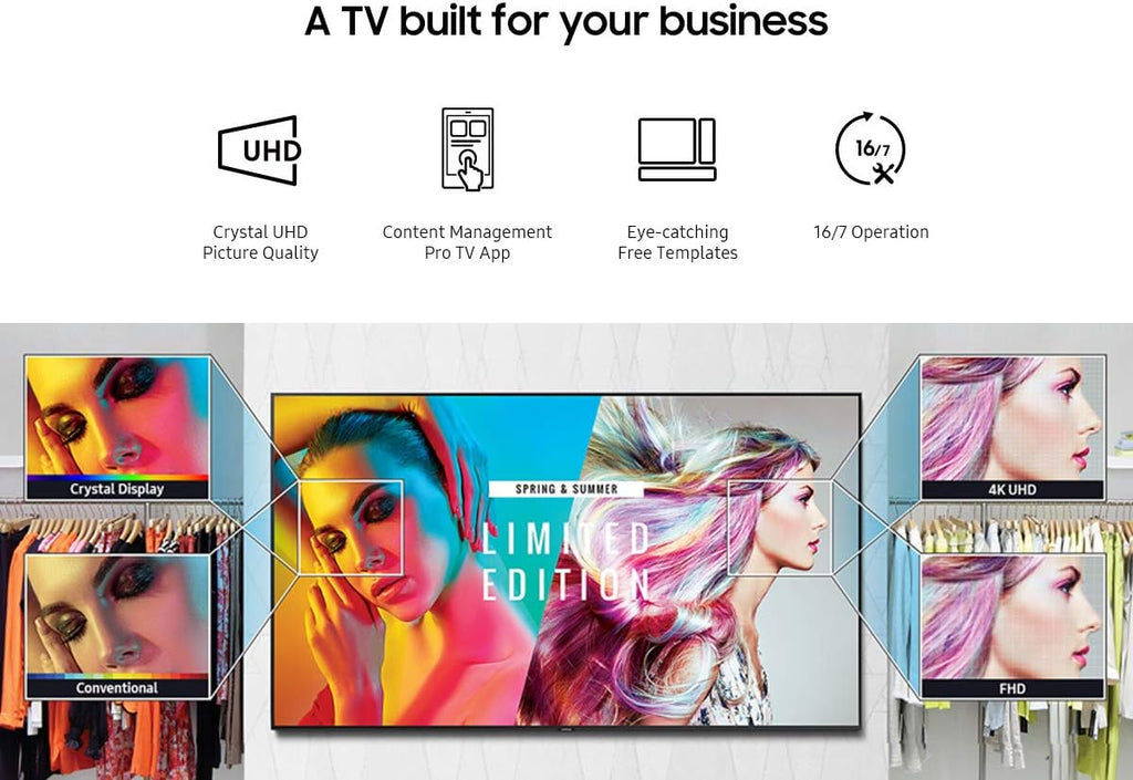 Samsung 43-Inch BE43T-H Pro TV | Commercial | Easy Digital Signage Software | 4K | HDMI | USB | Tuner | Speakers | 250 nits, Black