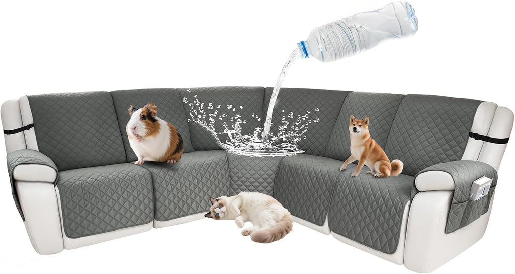 Waterproof Sectional Reclining Couch Covers L Shaped Recliner Sectional Sofa Cover 7 Piece Non Slip Washable Corner Recliner Slipcover Set for Pet Dog (5 Seater Cover, Middle Gray)