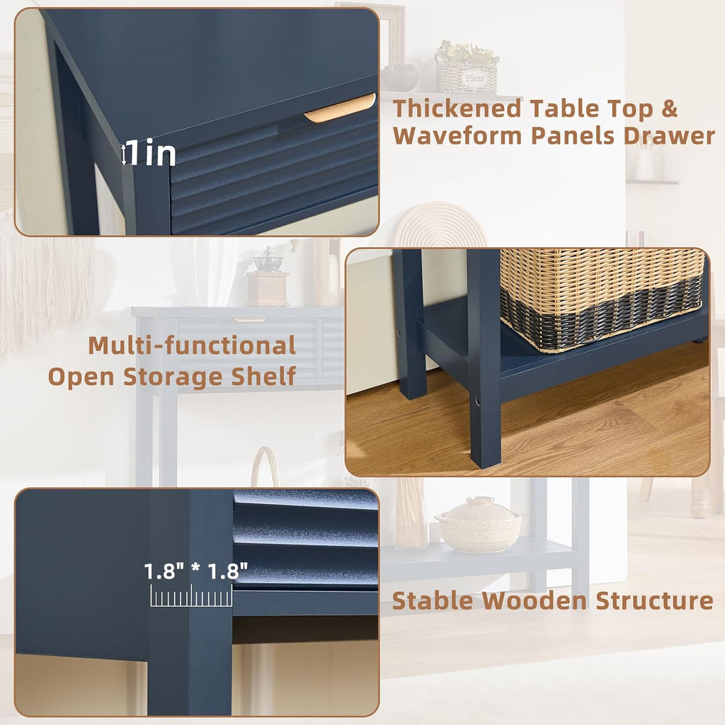 LEYAOYAO Fluted 47.2' Console Table with 3 Drawers, Modern Wood 2 Tier Entryway Table with Open Storage Shelf, Sofa Entry Tables Behind Couch for Living Room, Hallway, Entrance Foyer, Dark Navy Blue
