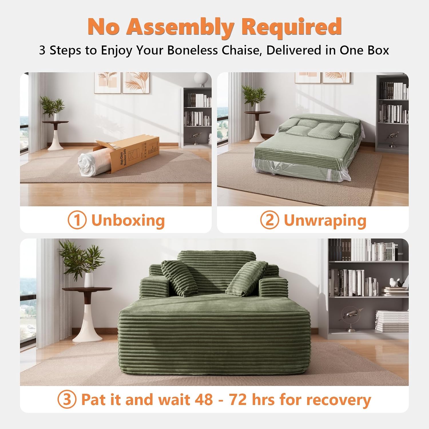 67' Oversized Chaise Lounge Chair Indoor with Ottoman and Double Side Pockets, Corduroy Deep Seat Couch, Boneless Couches for Living Room, No Assembly, Green