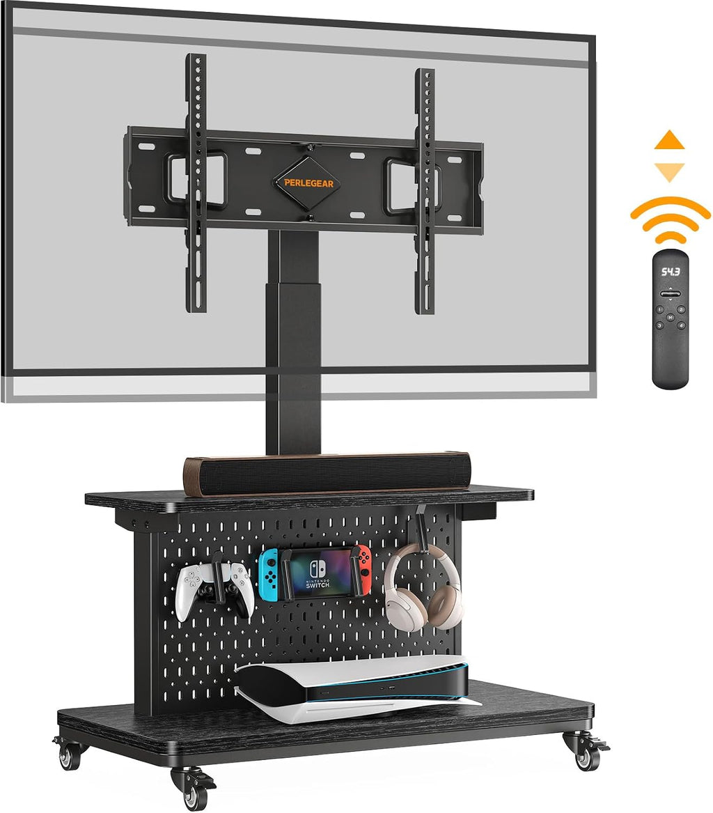 Perlegear Motorized Mobile TV Stand on Wheels, Electric Height Adjustable TV Cart for 32-80″ TVs up to 100 lbs, Rolling TV Stand with Remote Control, 4 Height Memory, ±35° Swivel with Pegboard Storage