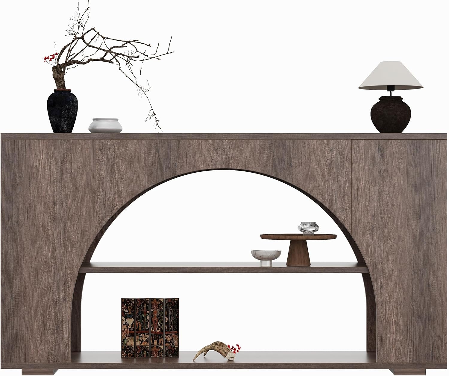 55' Arched Console Table with 3-Tier Storage, Farmhouse Wooden Sofa Table Behind Couch, Narrow Long Entryway Table for Entrance, Hallway, Living Room, Brown Oak