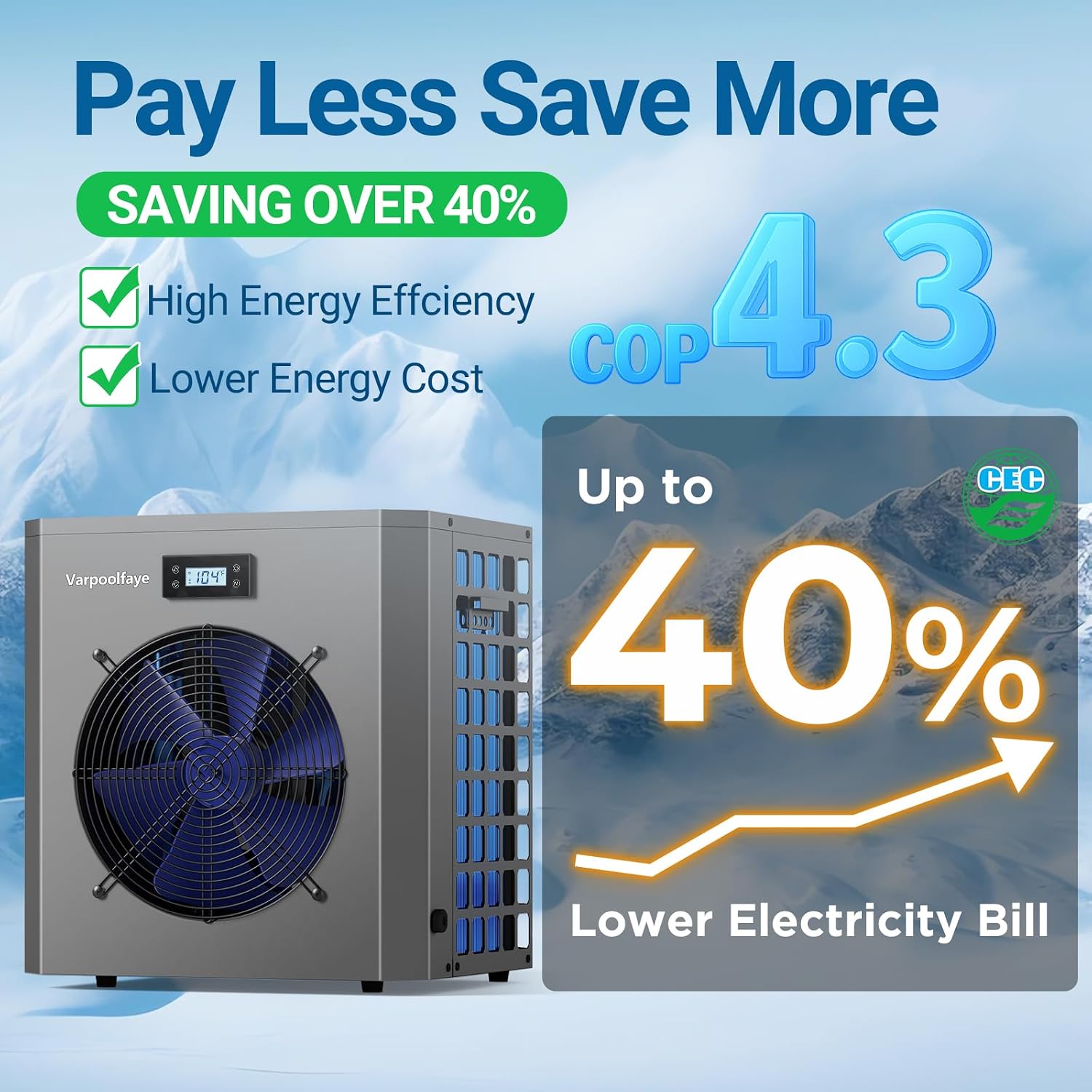 16000 BTU Swimming Pool Heat Pump 5000 Gallon Electric Pool Heater for Above Ground Pool 5KW Heating or Cooling WiFi Control Timer Pool Heater 110V 60Hz