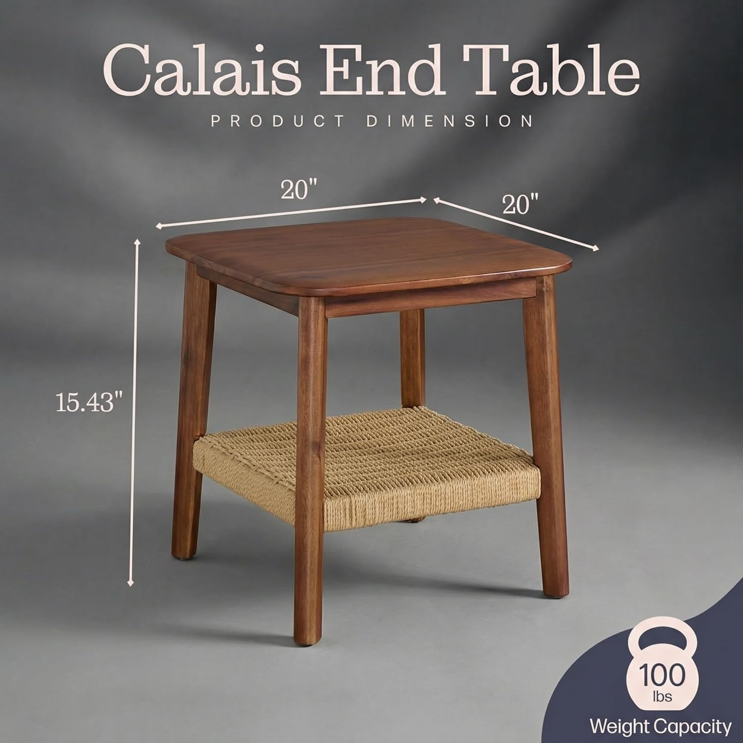 Alaterre Furniture Calais 2-Tier Solid Wood End Table with Woven Storage Shelf – Set of 2 Mid Century Modern Nightstand or Side Table for Living Room, or Bedroom (Chestnut)
