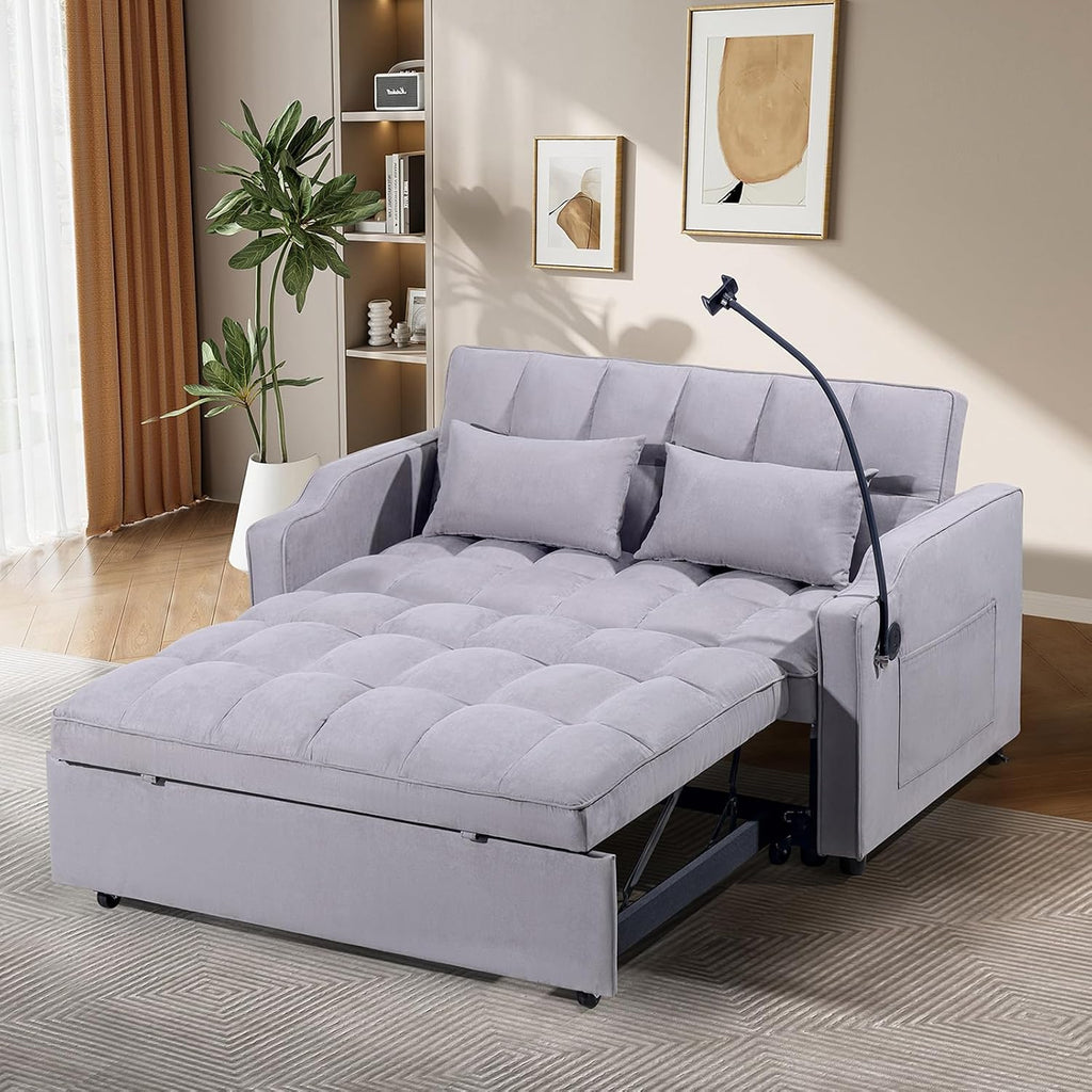 Antetek Sleeper Sofa Couch Bed with USB & Type C Port, Modern 3-in-1 Convertible Velvet Pull Out Loveseat Futon Sofa w/Phone Holder for Living Room Apartment, Adjustable Backrest, Light Grey