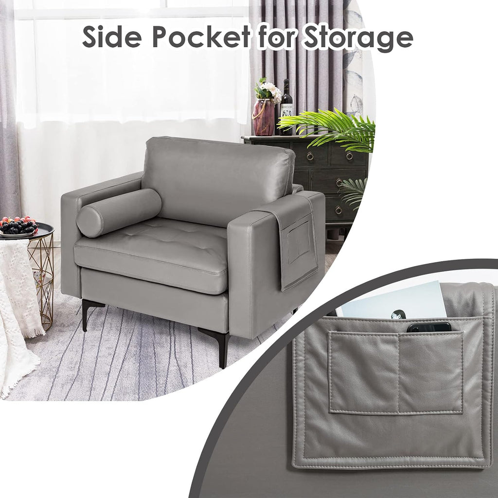 Giantex Single Sofa, Accent Chair, Armchair w/Comfy Cushion Bolster, Armrest Magazine Caddy Pockets, Living Room Upholstered Leisure Chair for Bedroom Reception Room Dark Grey