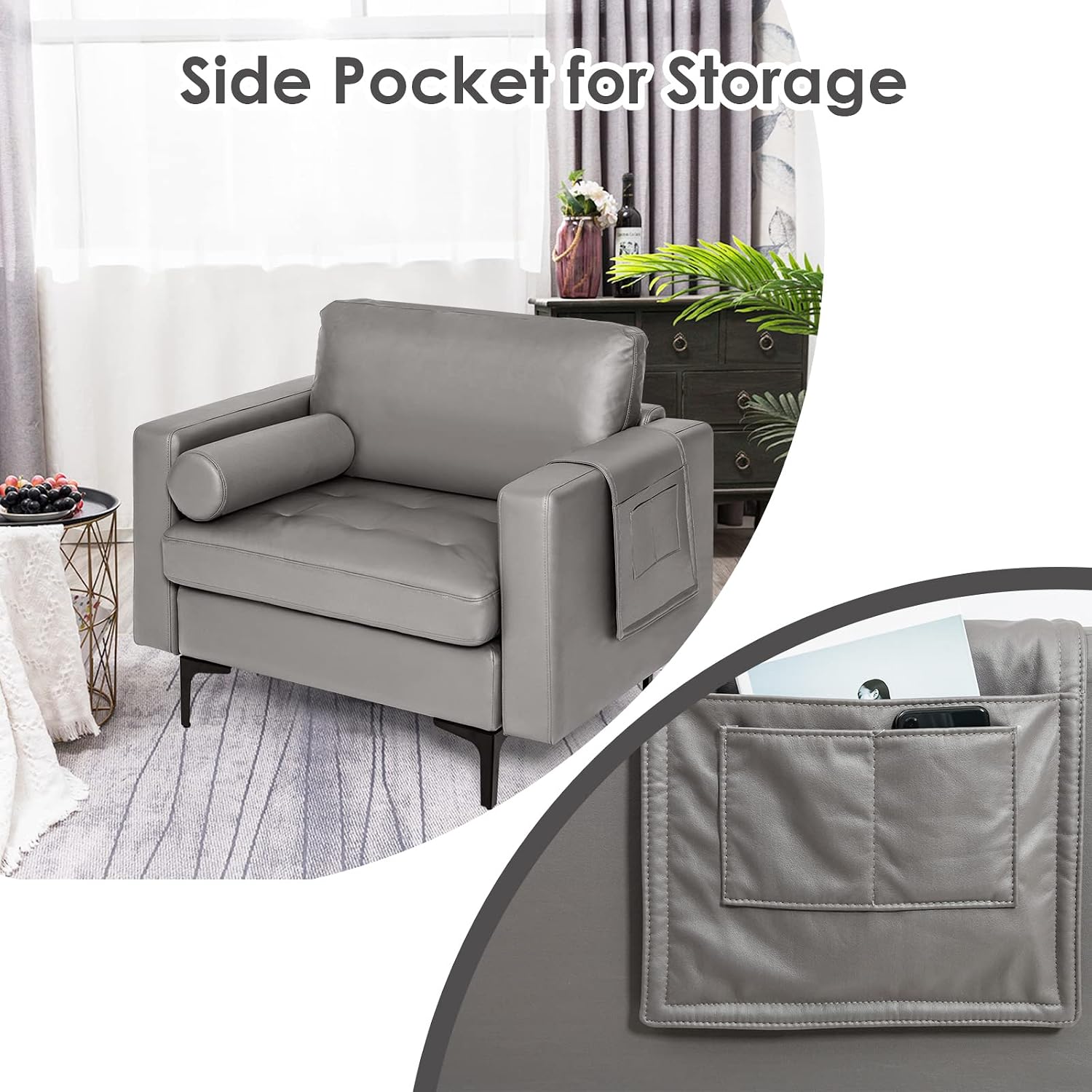 Giantex Single Sofa, Accent Chair, Armchair w/Comfy Cushion Bolster, Armrest Magazine Caddy Pockets, Living Room Upholstered Leisure Chair for Bedroom Reception Room Dark Grey