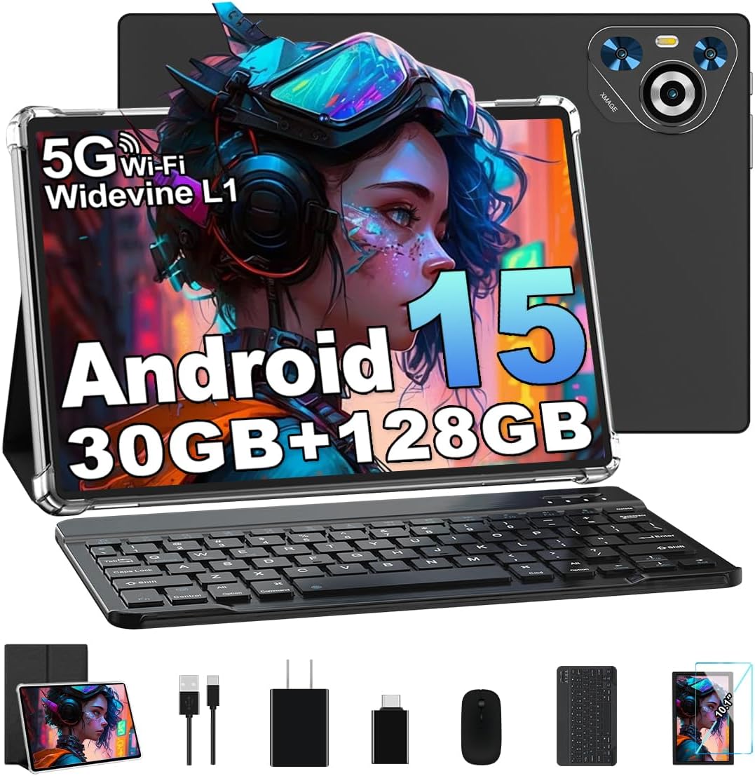 Android 15 Tablet, 30GB RAM + 128GB ROM 1TB TF, 2025 Tablet with Keyboard and Mouse, 10.1 inch Touchscreen, 8000mAh Battery, Incell Display, 2.0GHz, Gemini AI, 5G WiFi, BT 5.0, GPS - Metal Black