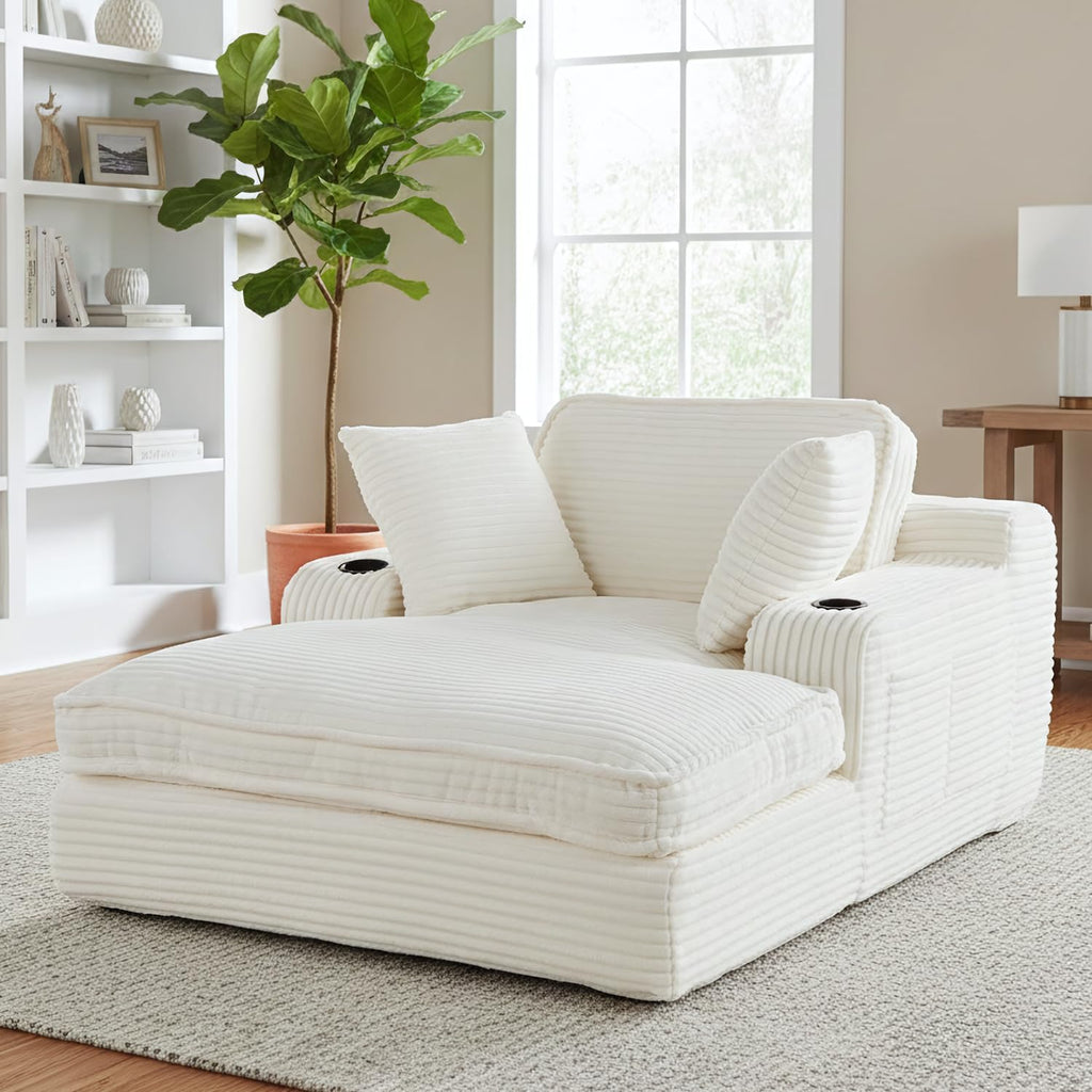 67' Oversized Chaise Lounge Chair Indoor, Soft Boneless Cloud Couch with 3 Pillows, 4 Side Pockets and 2 Cup Holders, Comfy Corduroy Sleeper Couch for Living Room Bedroom