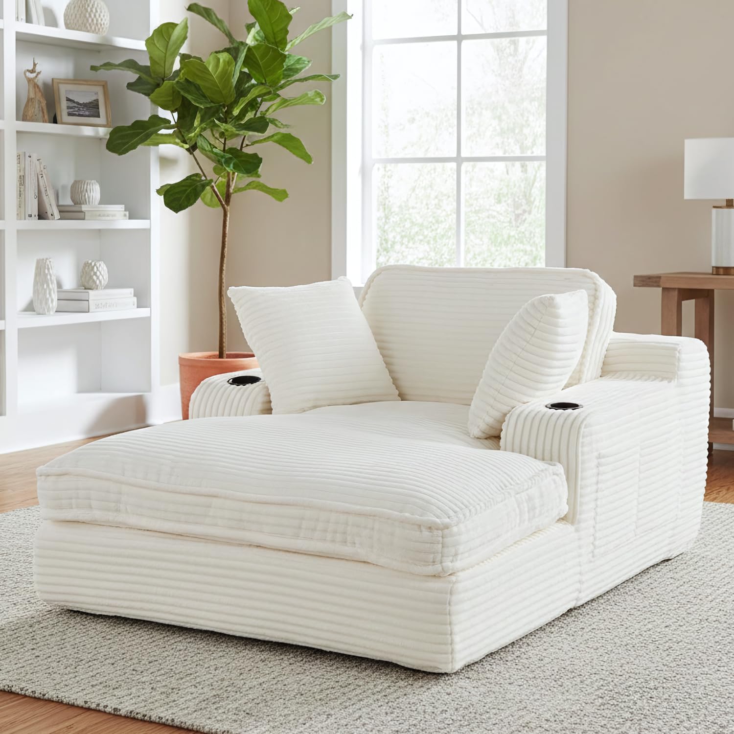 67' Oversized Chaise Lounge Chair Indoor, Soft Boneless Cloud Couch with 3 Pillows, 4 Side Pockets and 2 Cup Holders, Comfy Corduroy Sleeper Couch for Living Room Bedroom