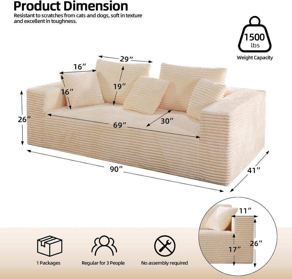 Boneless Cloud Couch Sofa, 3 Seater Deep Seat Modern Lounge Sleeper Couch, No Assemble, Corduroy Compression Upholstered Couches for Living Room, Bedroom, Apartment, Dorm, Office