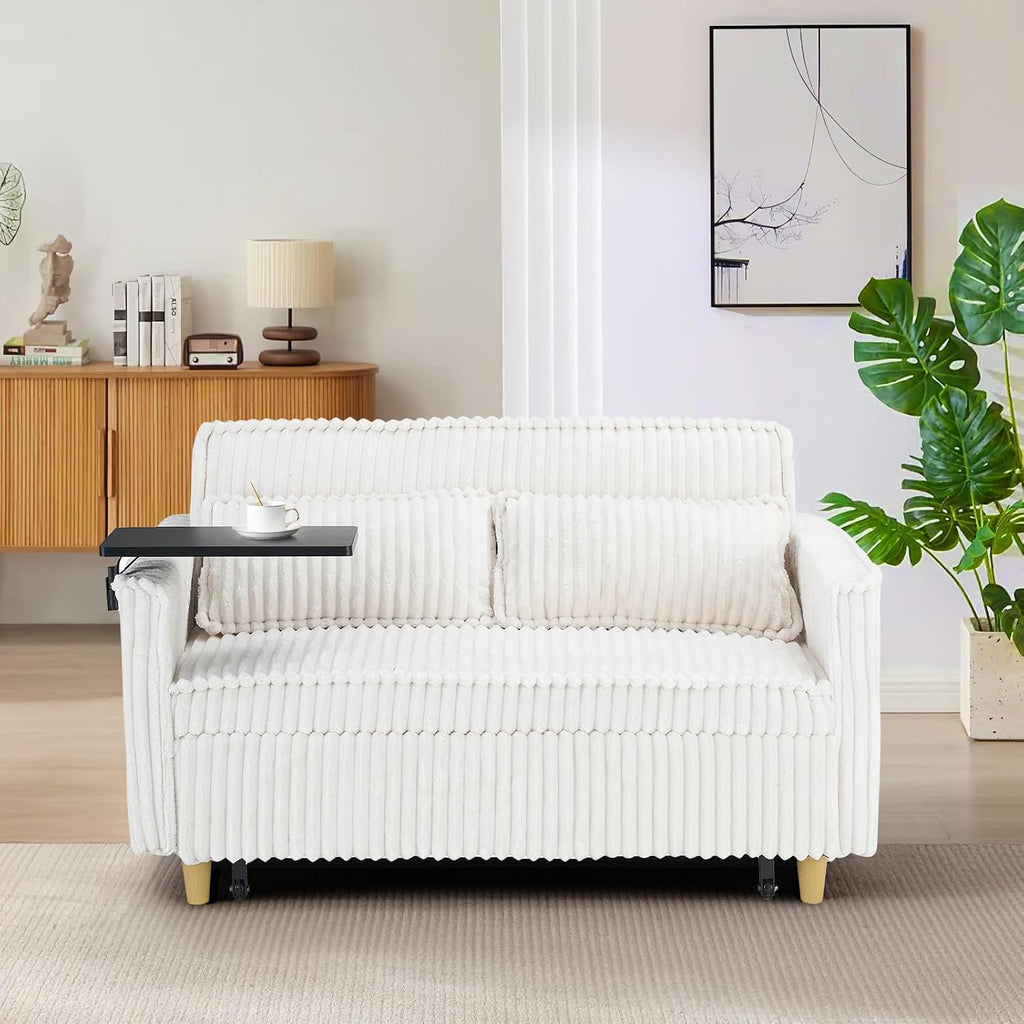 54'W Convertible Sleeper Sofa Bed,3-In-1 Corduroy Pull Out Couch Bed,Futon Loveseat Sleeper Couch with Adjustable Backrest & USB Ports & Side Table,Recliner for Office/Living Room/Small Space(Beige)