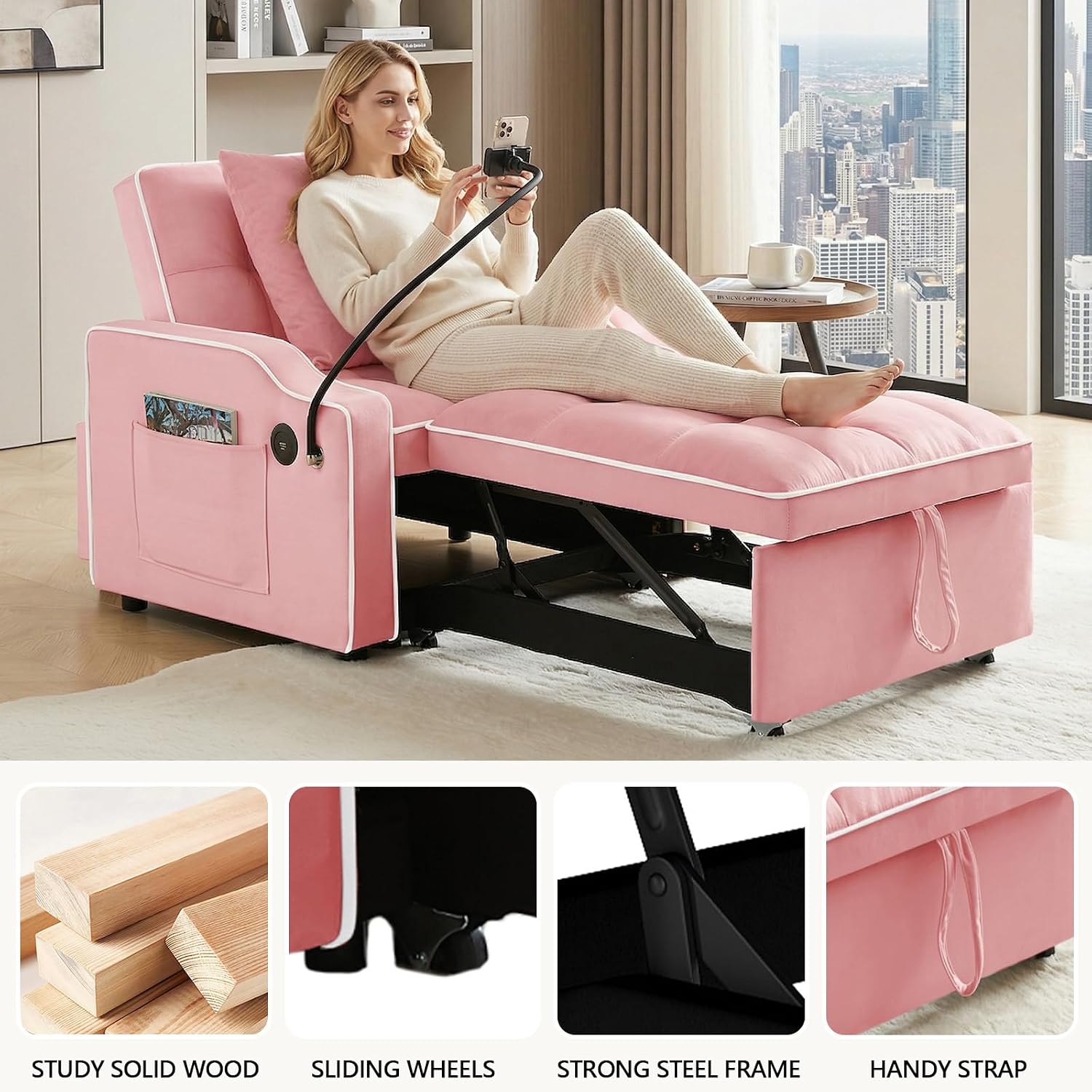 Majnesvon Modern Velvet Fabric Sofa Bed Futon,3 in 1 Convertible Pullout Bed Couches with 3 Reclining Backrests,Phone Stand,Small Sofa Single Sleeper Chair Bed for Living Room Bedroom (Pink)