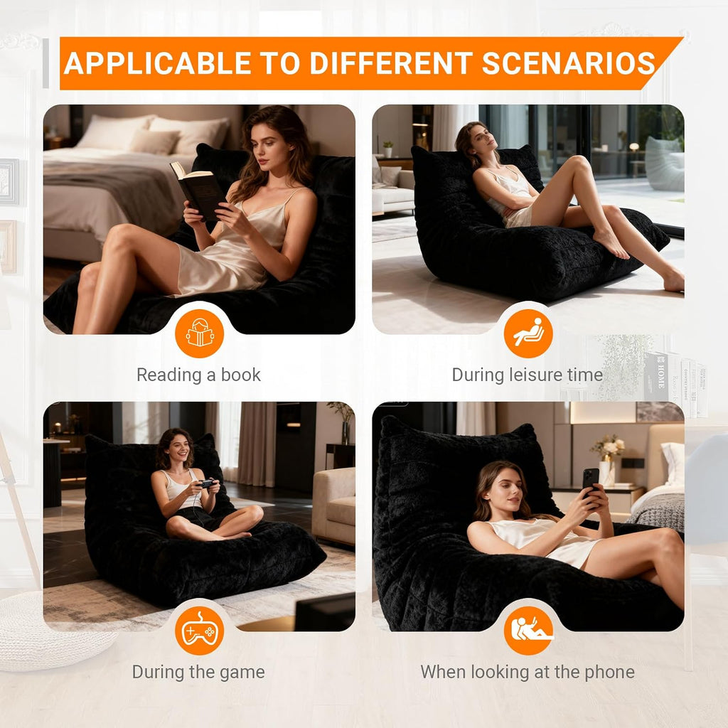 Large Bean Bag Chairs for Adults, Fireside Chair for Living Room with Memory Foam Filled, Accent Sofa Lounge Lazy Floor Sofa for Gaming Reading Relaxing Bedroom, No Assembly Required Black