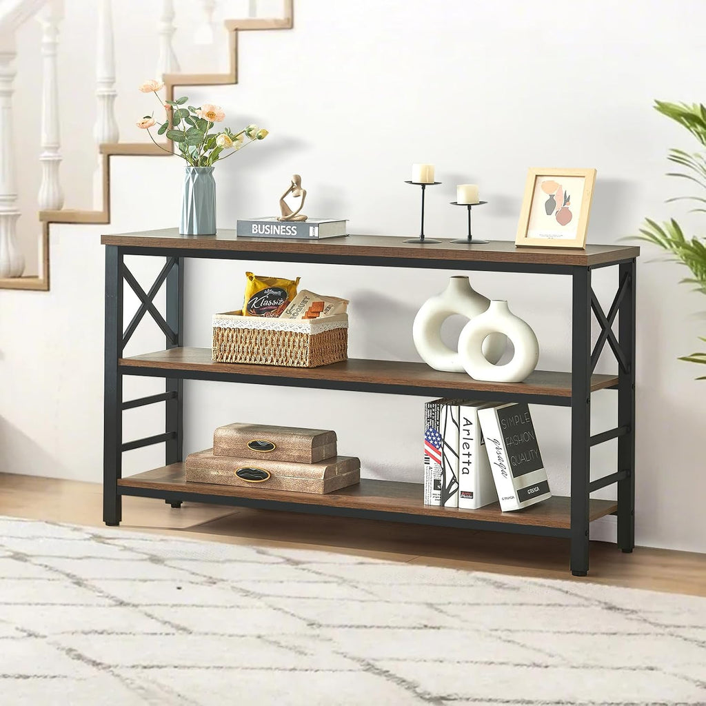 HOMBAZAAR Sofa Table,Industrial Console Table with Storage,Entryway Table with Engineered Wood and Metal,Rustic 3 Tier Shelf for Living Room,Hallway,Brown,55 Inch