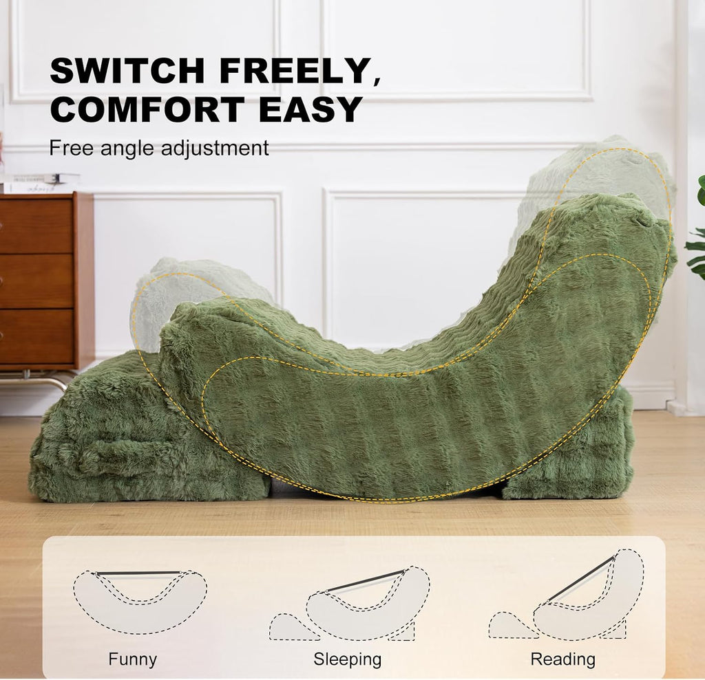 3-in-1 Adjustable Zero Gravity Floor Chair, Oversized Faux Fur Boneless Chair for Adults with Memory Foam & Washable Cover, Silent Rocker Recliner Lounge Chair for Reading, Nursing, Gaming, Green