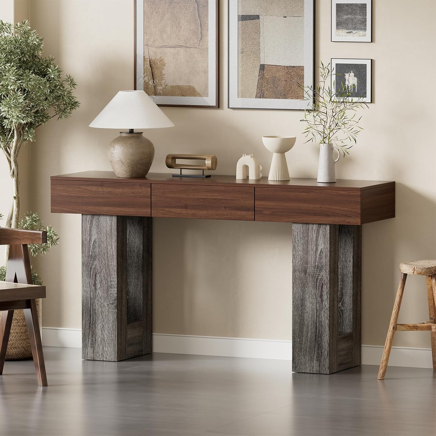 PAKASEPT 63-Inch Long Console Table with Colorful LED Lights and 3 Drawers, Farmhouse Sofa Table with Storage, Wooden Entryway Table for Hallway, Living Room, Foyer, Vintage Brown