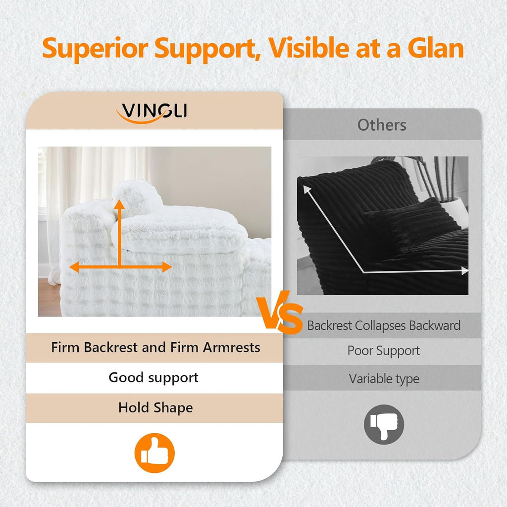 VINGLI Chaise Lounge Chair Indoor, White Boneless Couch Oversized Reading Chair Upholstered Bubble Fleece Cloud Couch Sofa Recliner Bed Comfy Sleeper Couches for Living Room, Movie Room, Bedroom