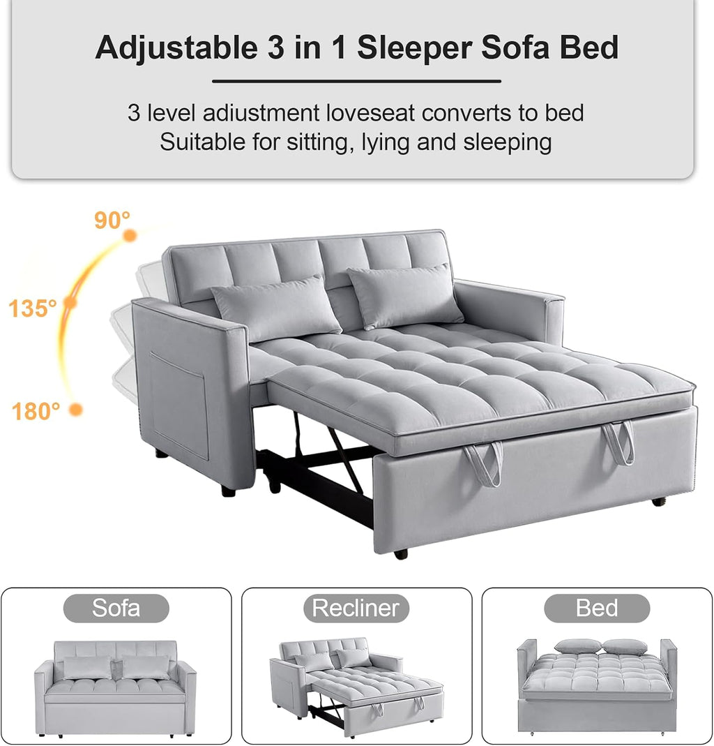 3 in 1 Convertible Sleeper Sofa Bed, 53' Pull Out Sofa Bed with 3-Level Adjustable Backrest, Velvet Fabric Loveseat Sleeper Couch for Living Room & Bedroom & Apartment & Dorm, Light Gray