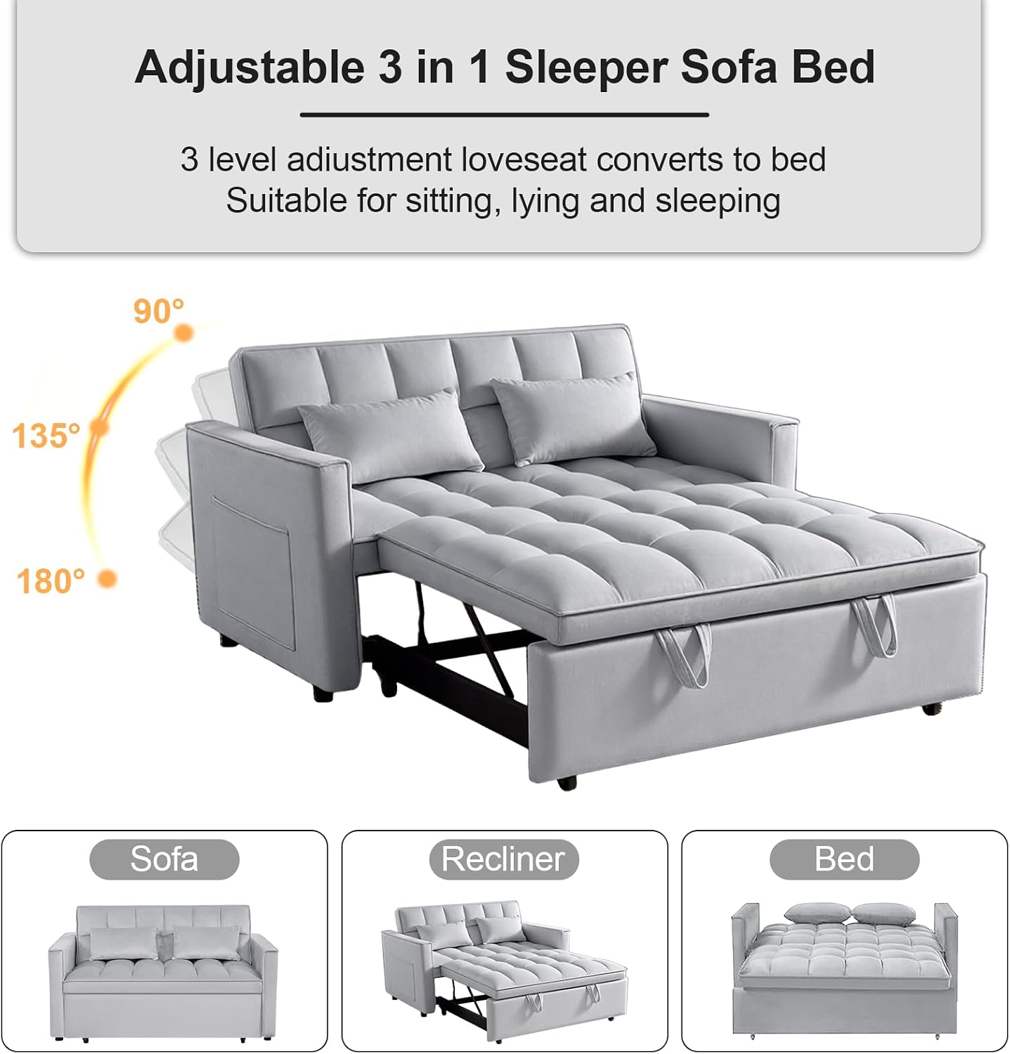 3 in 1 Convertible Sleeper Sofa Bed, 53' Pull Out Sofa Bed with 3-Level Adjustable Backrest, Velvet Fabric Loveseat Sleeper Couch for Living Room & Bedroom & Apartment & Dorm, Light Gray