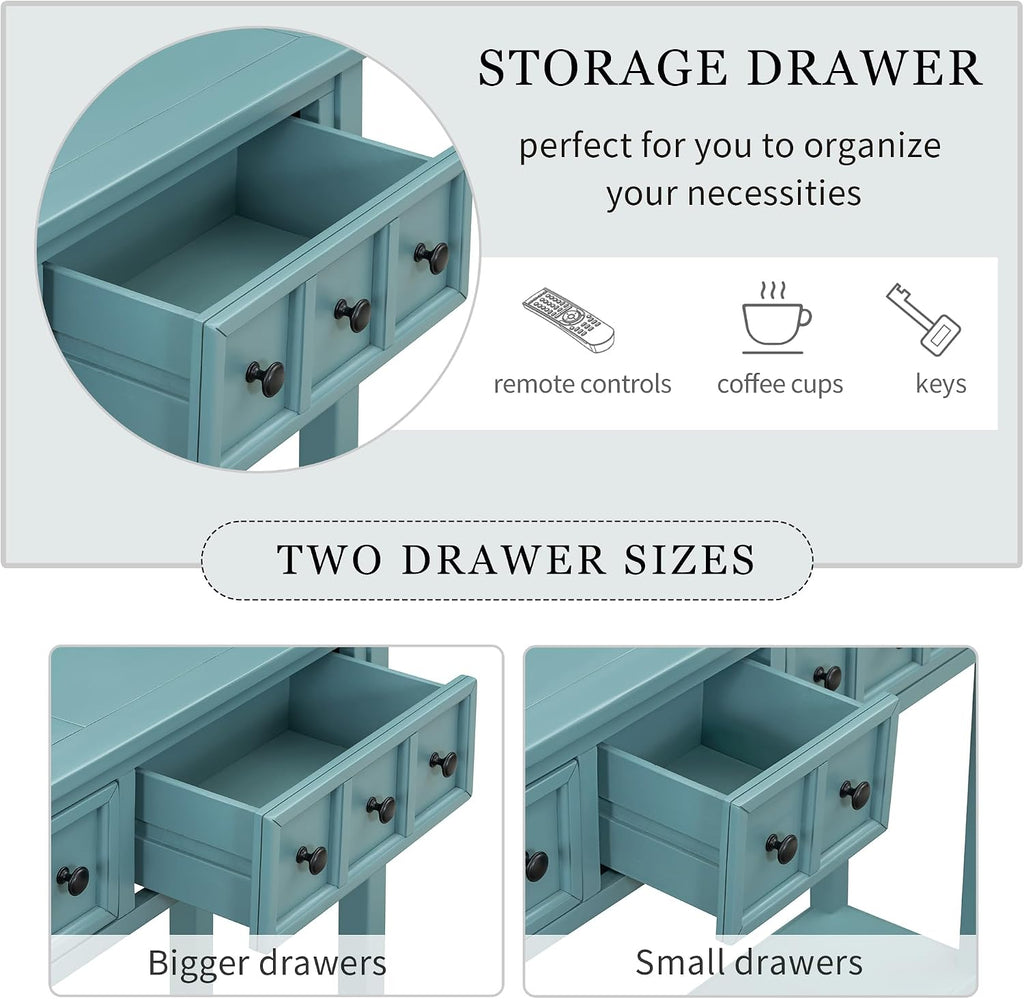 Merax Farmhouse Entryway Console Table with Storage Drawers, Long Sofa Table Behind Couch with 4 Drawers and Open Shelf, Hallway Tables for Living Room, Turquoise Green