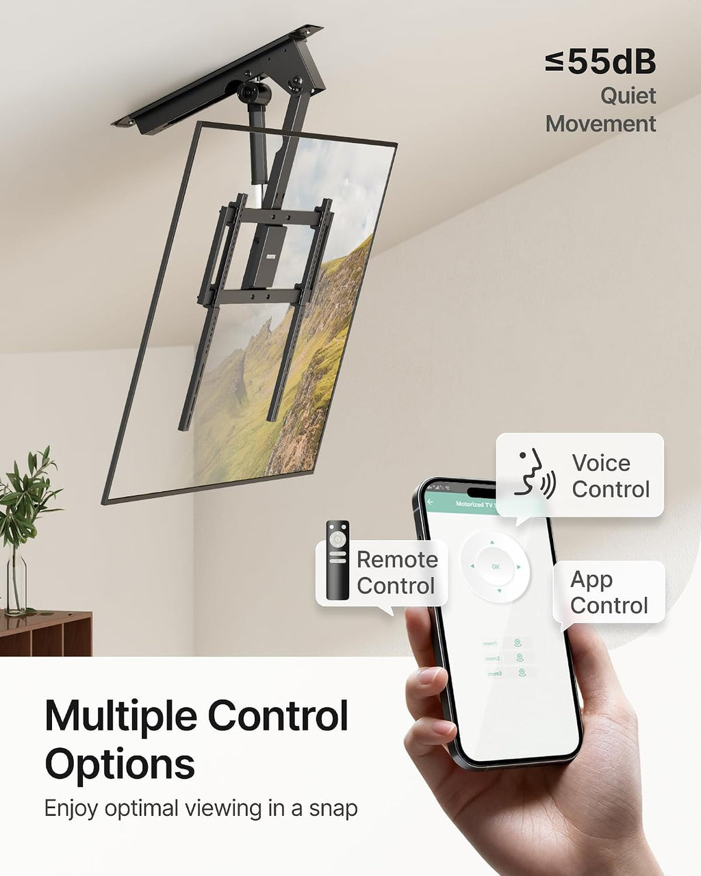 monTEK Motorized Ceiling TV Mount for 43-86 Inch TVs, Heavy-Duty 121lbs (4X Load Tested), Off-Center VESA Compatible, Electric Flip Down with Remote/App/Voice Control, Fits Flat & Pitched Roof