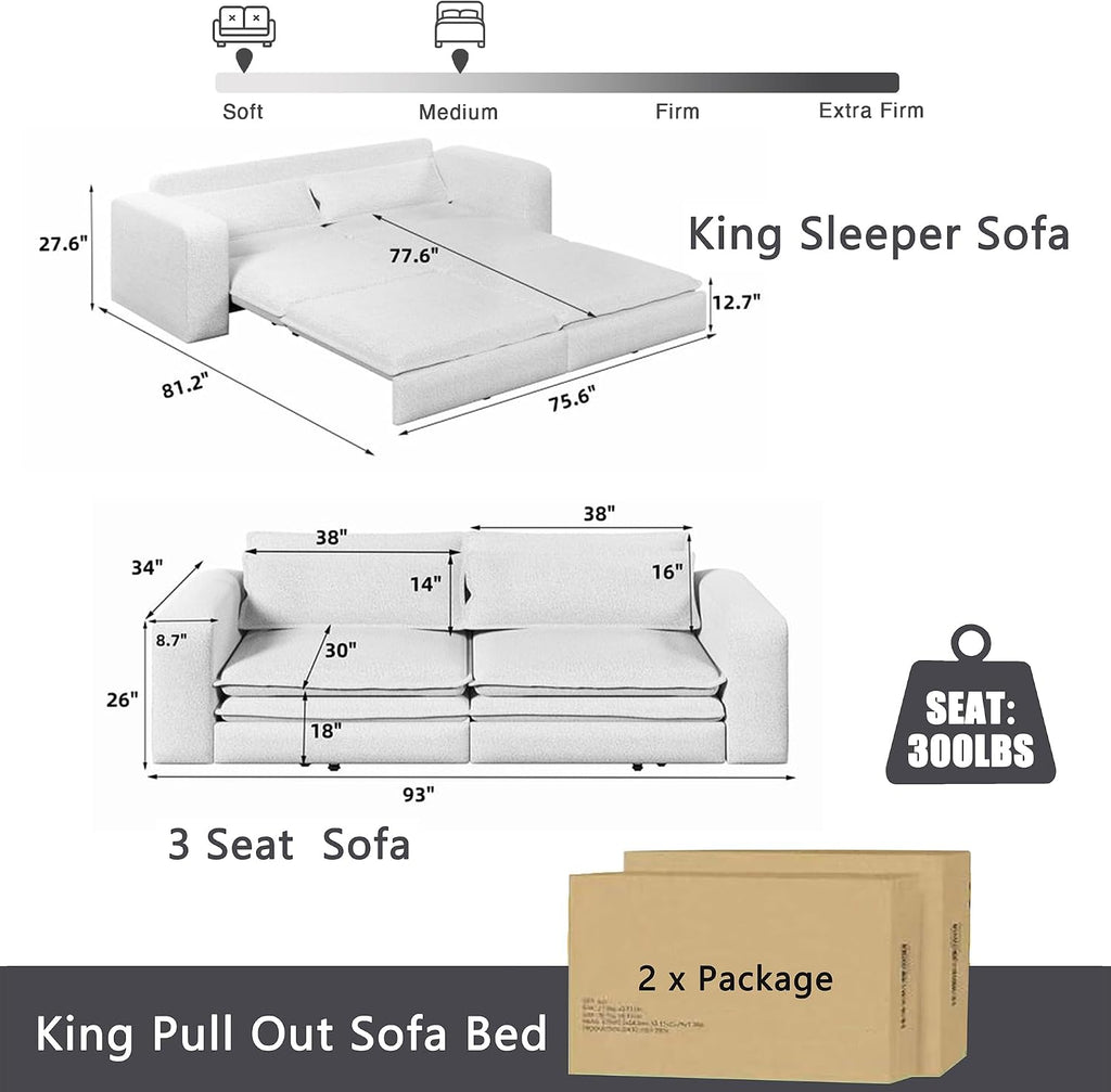 93' Sleeper Sofa Bed King Size, Teddy Pull Out Couch, 3 in 1 Convertible Futon Couches, Modern Deep Seat Daybed with 2 Pillows, Recliner Loveseat for Living Room, Apartment, Office, Grey