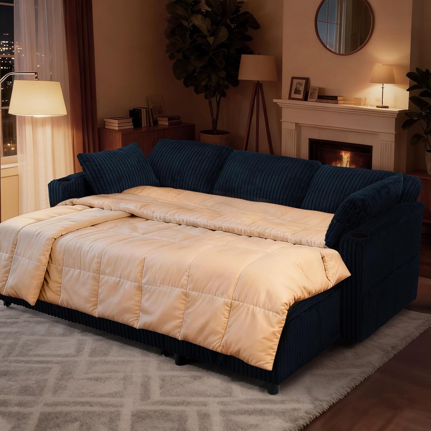 84' Corduroy Pull Out Sofa Bed w/Adjustable Backrests, Sectional L-Shape Sleeper Sofa w/Storage Chaise, Convertible Couch Bed w/USB Charging Port & Cup Holders for Living Room, House, Blue