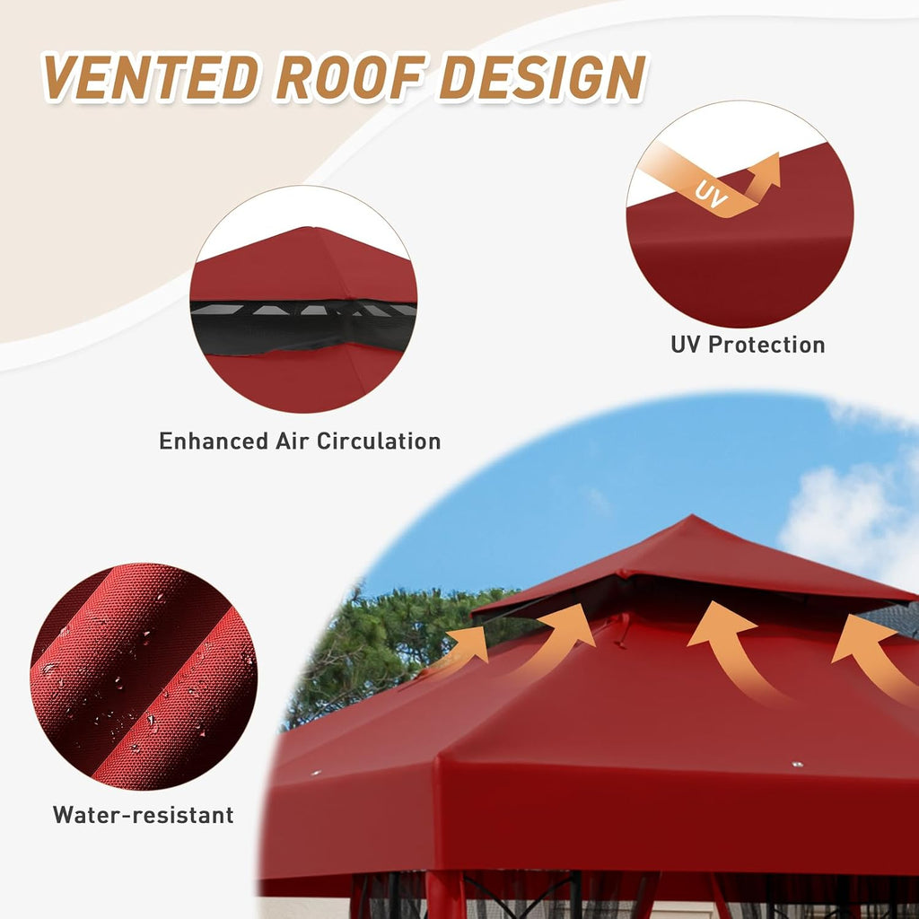 8x8 Outdoor Gazebo Tent with Netting and Corner Shelves, Double Roof Patio Gazebo with Soft Fabric Top, Outdoor Pavilion for Backyard Patio Garden Lawn, Red
