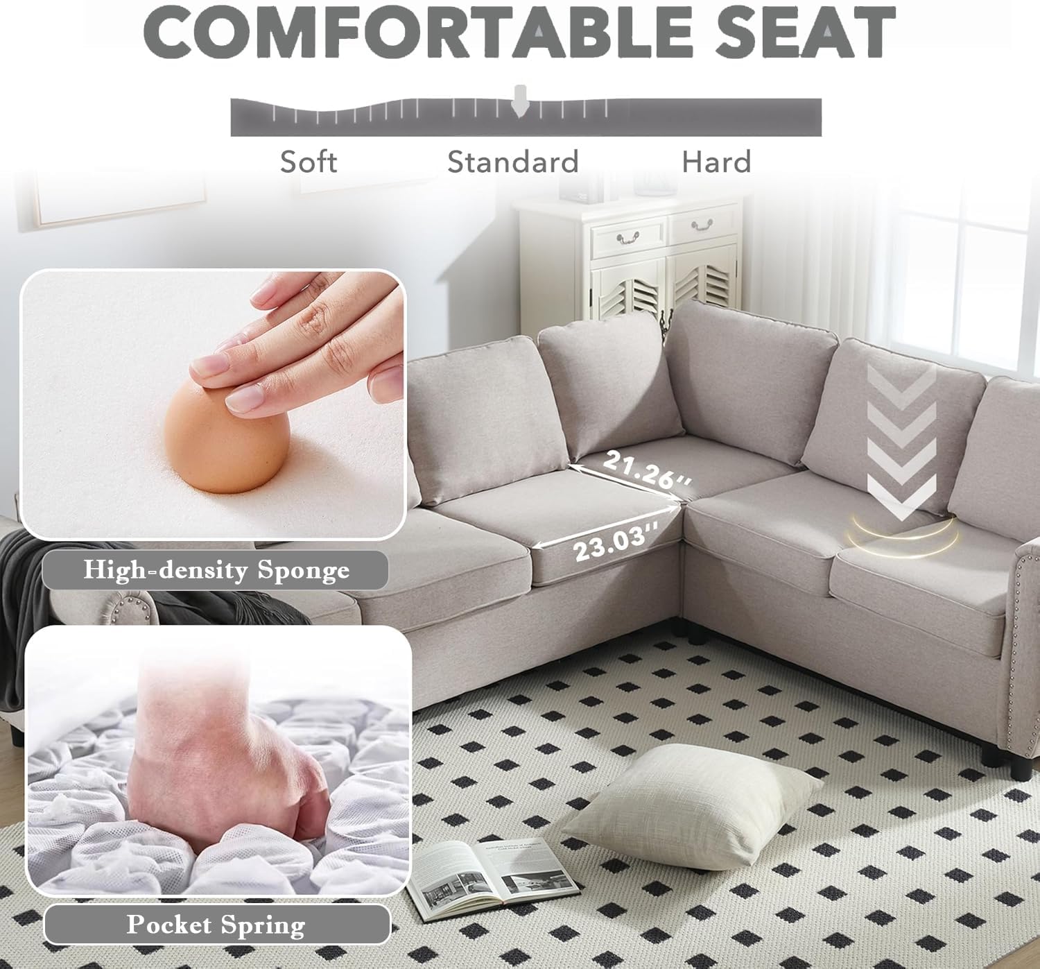 104'' Sleeper Sofa Bed Queen, L Shaped Sectional Sofa with Pull Out Couch Bed, Queen Size 6 Seater Couch with Memory Foam Mattress, Sectional Couches for Living Room Furniture Set, Beige