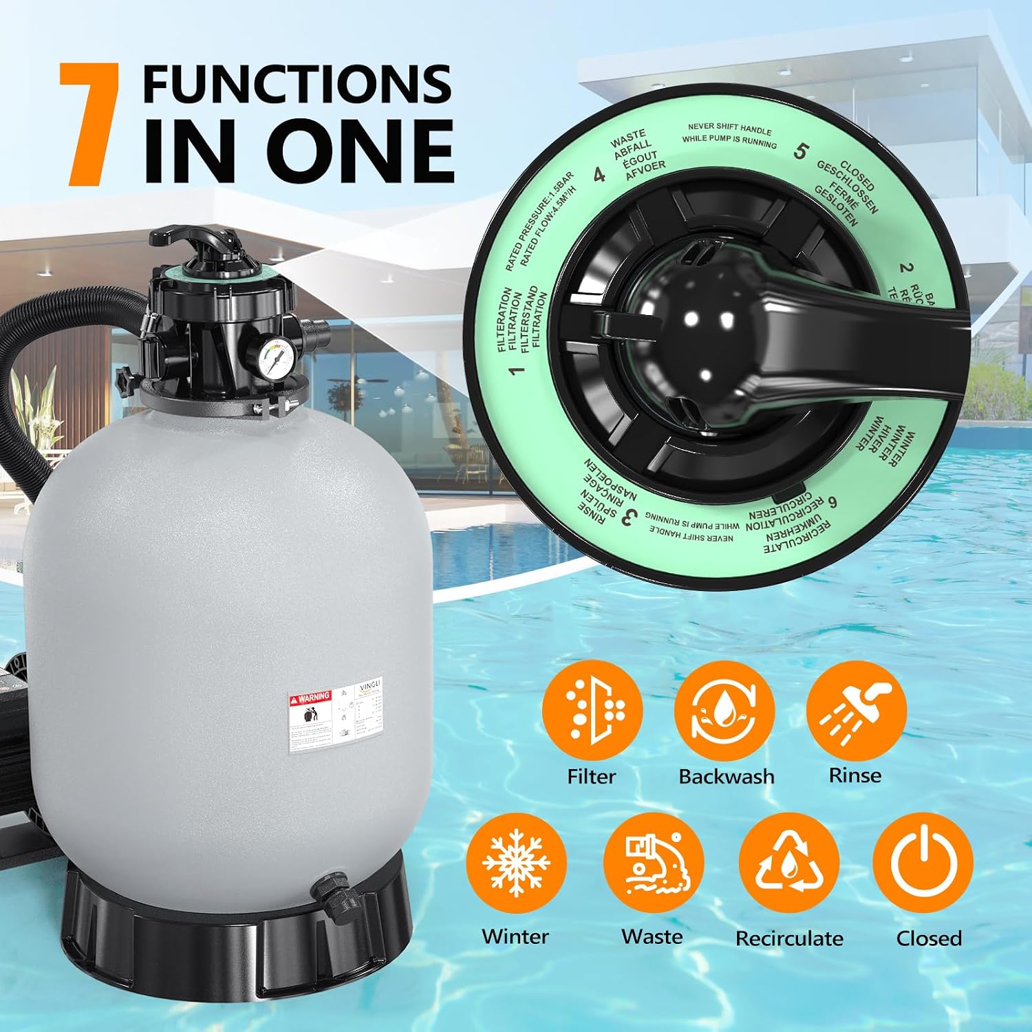 (24H Timer) VINGLI 19 in Sand Filter Pump with 24-Hour Timer, 3962 GPH 1 HP Heavy Duty Pool Filter Pump with 7-Way Valve for Above Ground & Inground Pools Up to 18000 Gallons