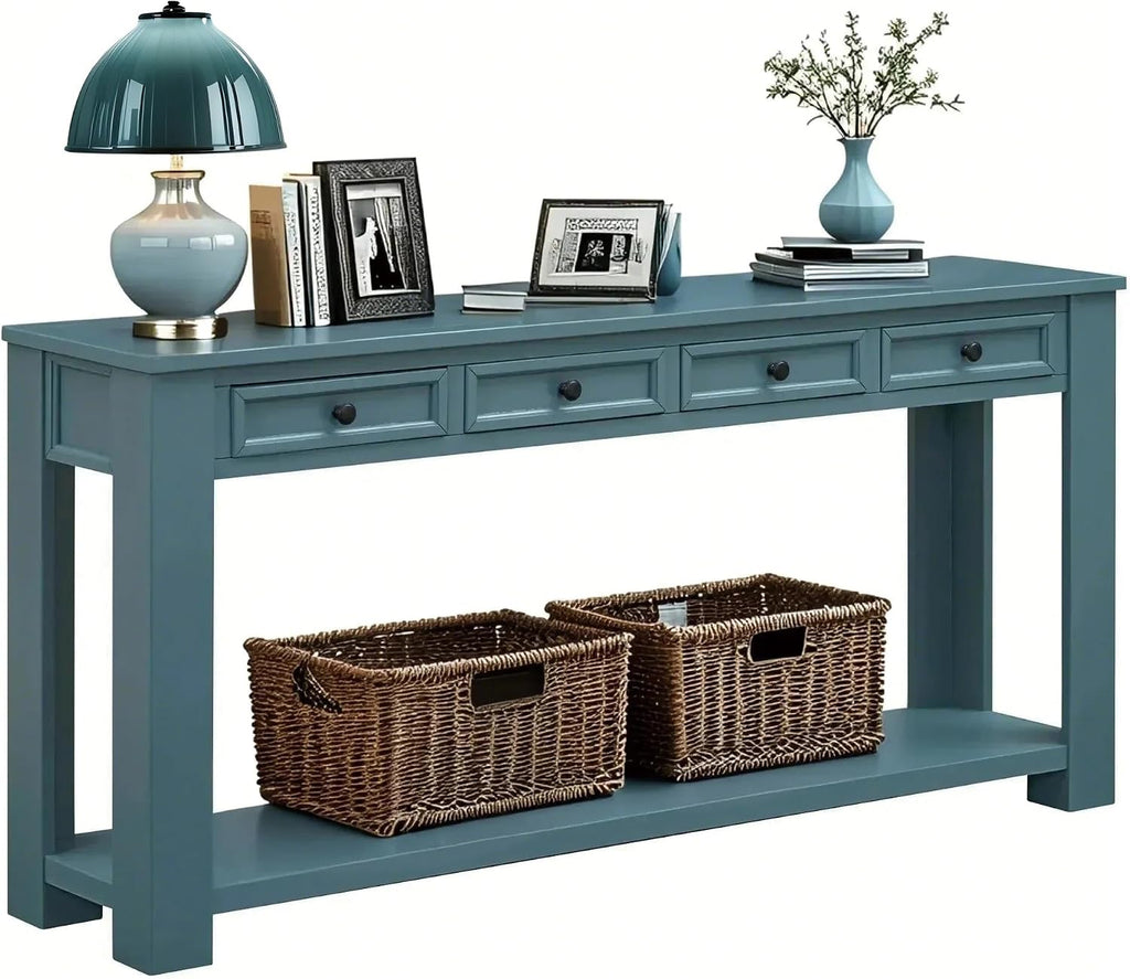 LKTART Solid Wood Console Table,63 in Long Sofa Table Entryway Table with 4 Drawers and Bottom Shelf for Hallway Living Room Couch Table,Easy Assembled (63' Dark Blue)