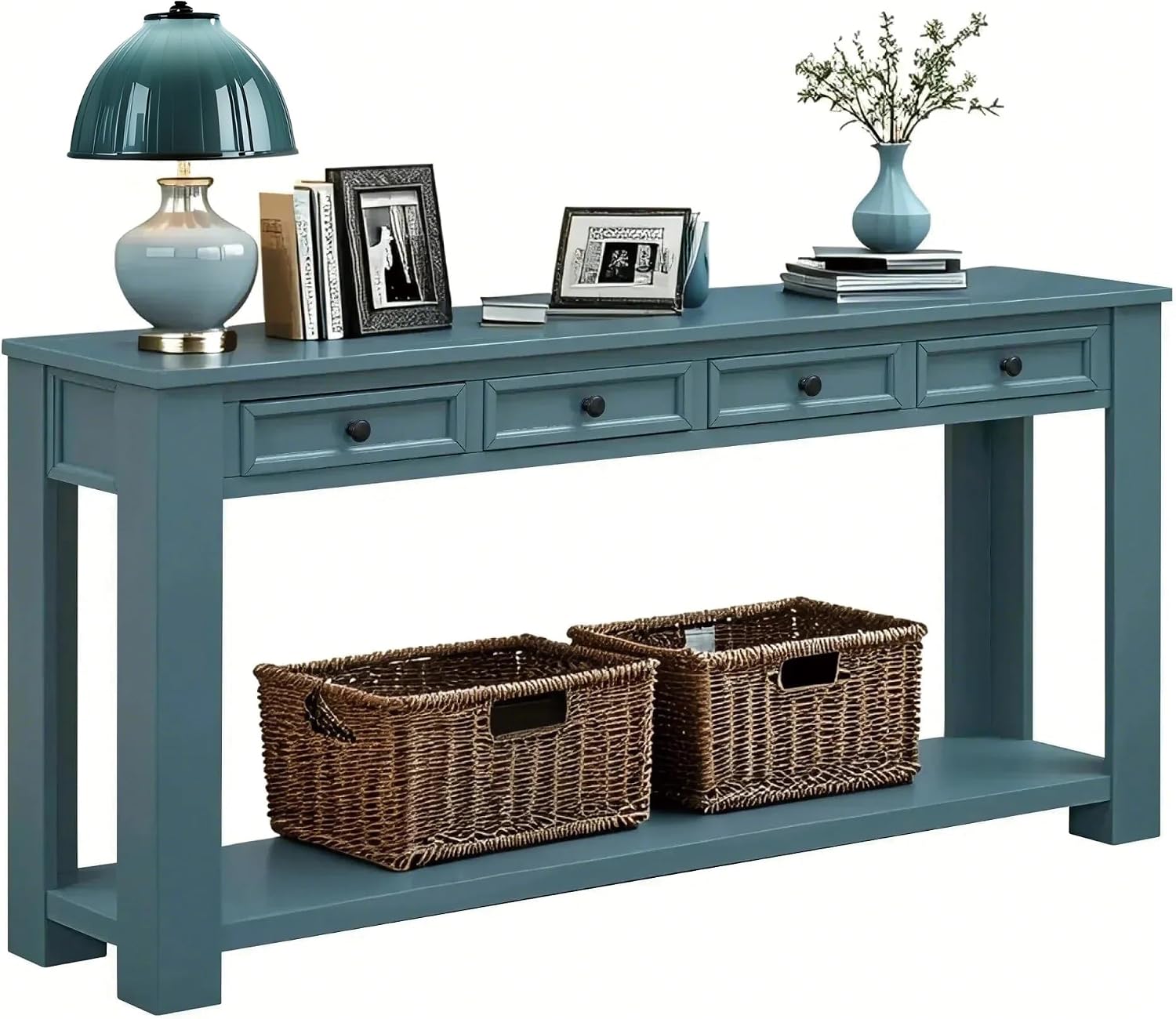 LKTART Solid Wood Console Table,63 in Long Sofa Table Entryway Table with 4 Drawers and Bottom Shelf for Hallway Living Room Couch Table,Easy Assembled (63' Dark Blue)