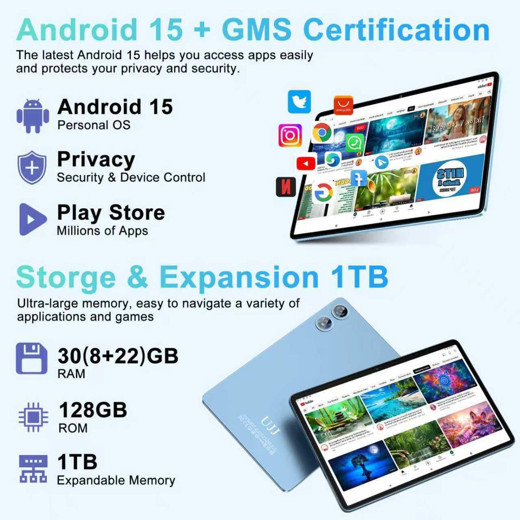 Tablet 10 inch Android 15 Tablets 30GB RAM 128GB ROM 1TB Expand, 8000mAh Octa-Core Tablets with Keyboard Mouse, HD IPS Display, Gemini AI, GPS, 5G WiFi, Widevine L1, Split-Screen - Metal Blue
