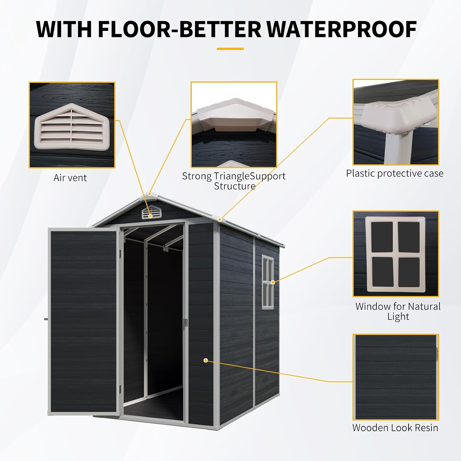 Resin 8x4ft Outdoor Storage Shed with Two Windows & Double Doors-Durable, Weather, Storage Solution for Yard, Garden, Tools, and Equipment (4x6Ft Gable | Single Door & Window | Black, Resin)