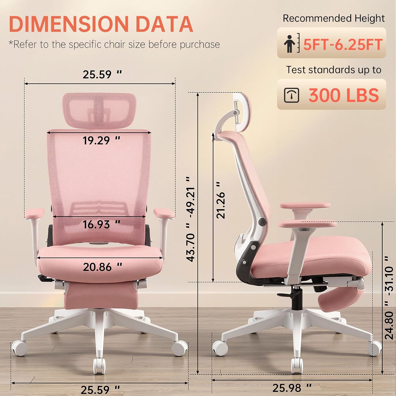 Foldable Office Chair with Foot Rest, Ergonomic Office Chair with Adjustable Lumbar Support, Headrest, Armrest, Home Office Desk Chair for Space Saving, Work from Home, Pink
