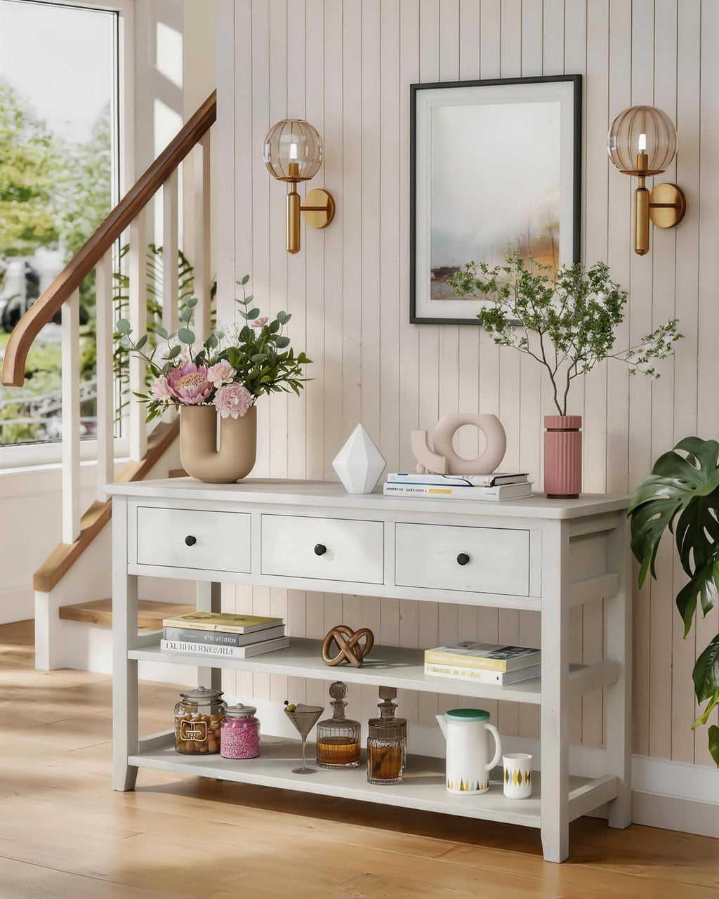 Karl home Console Table Entryway Desk, Sofa Side Table with 3 Drawers 2 Bottom Storage Shelves, Vintage TV Stand for Hallway Living Room Office, Antique White 29.9' H
