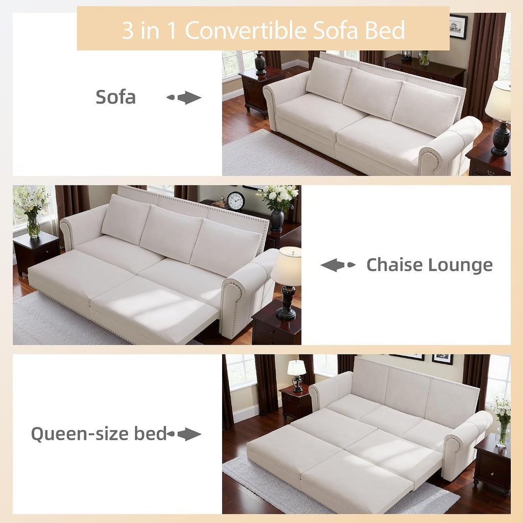 Casaphoria 93.7 Inch Pull Out Sleeper Sofa Beds, 3 in 1 Velvet Convertible Sofa Bed Couch, Vintage Loveseat Sofa Couch Bed for Apartment, Bedroom, Living Room, King Size White
