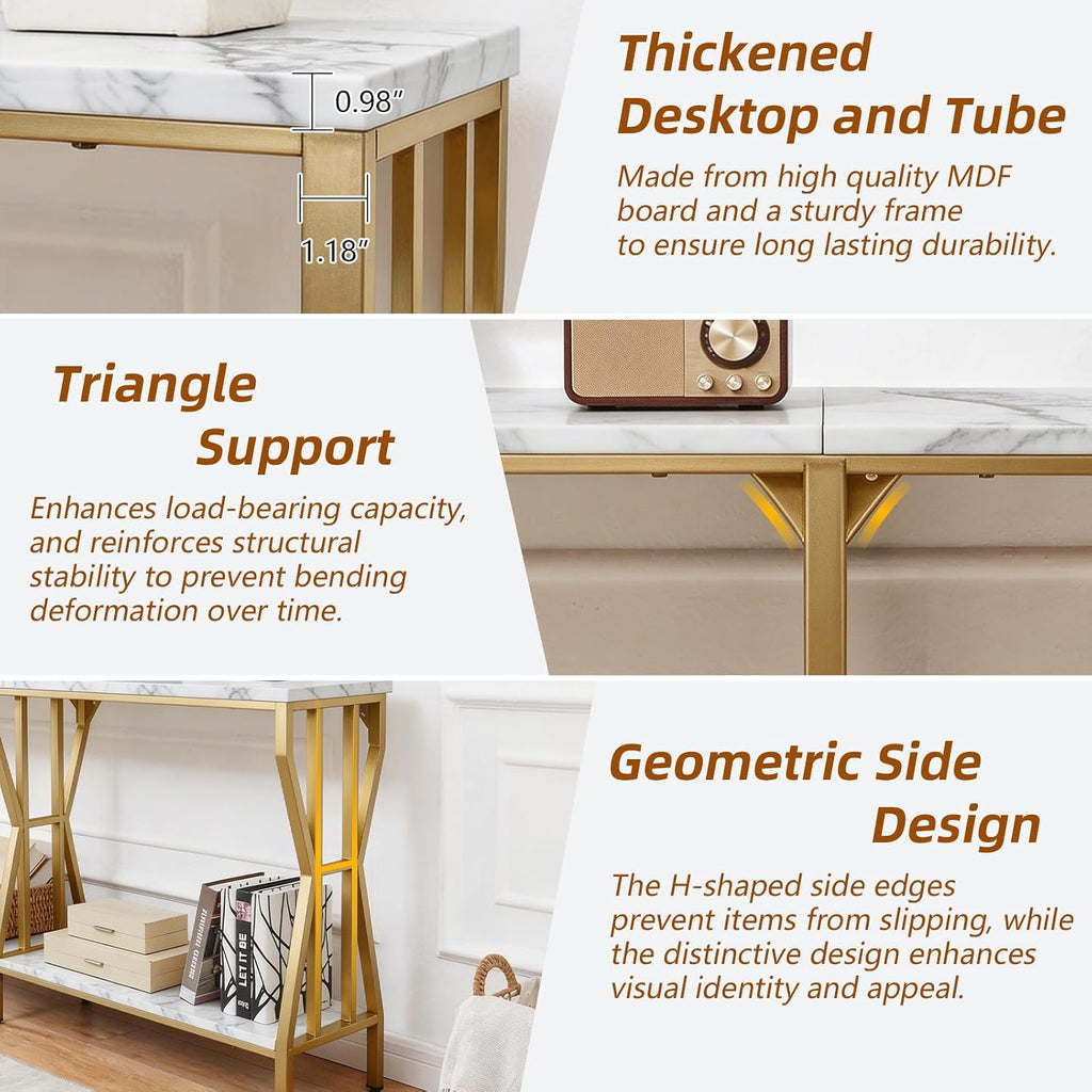 HOMISSUE Sofa Console Table, 63' Extra Long Sofa Table with 2-Tier Storage, Industrial Narrow Console Tables Behind Couch, Hallway Table for Entryway, Living Room，Gold
