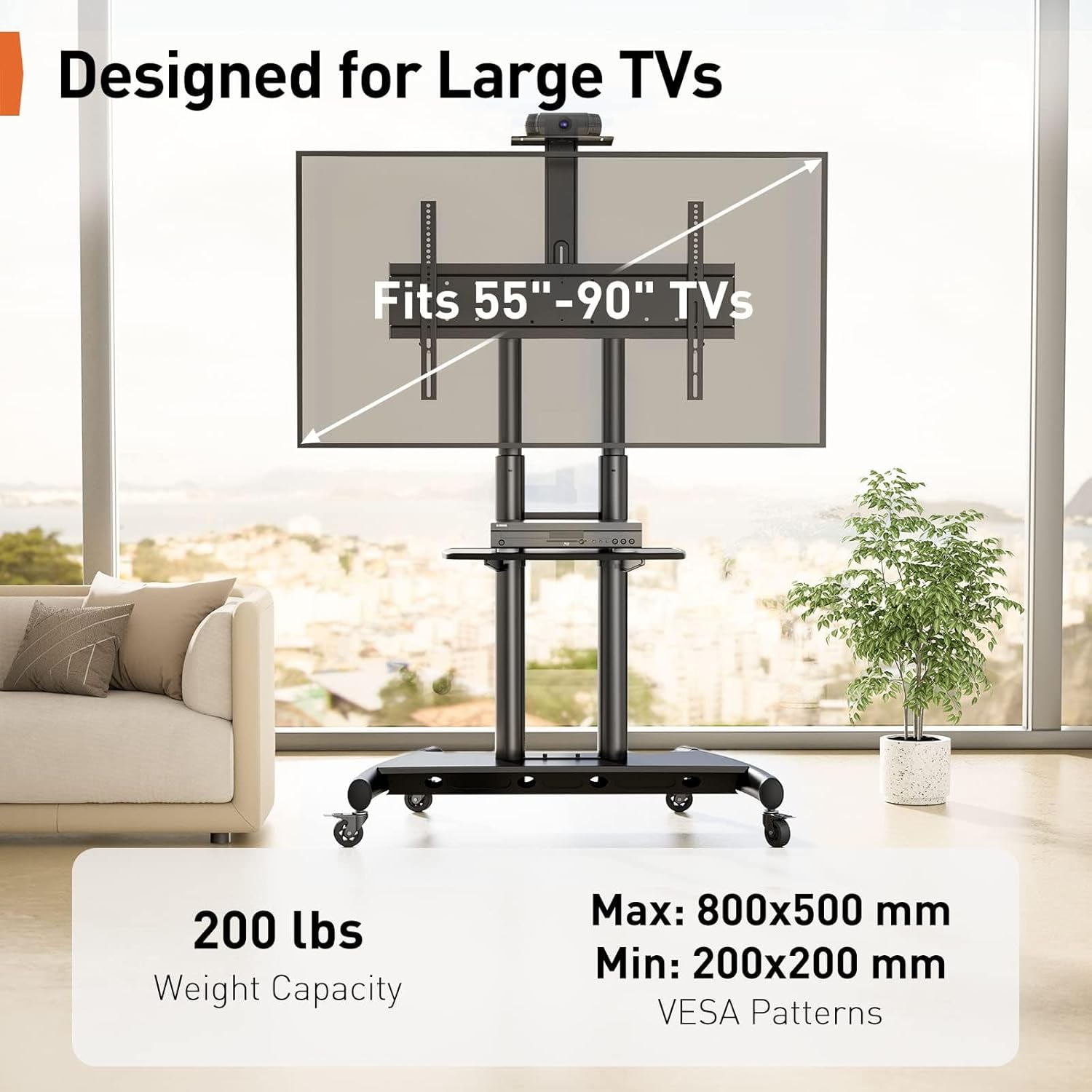 Perlegear Rolling TV Stand, Portable TV Stand on Wheels for 55-90 Inch Screens up to 200 lbs, Adjustable Mobile TV Cart with AV Shelf & Camera Shelf, Outdoor Tv Stand Max VESA 800x500mm, PGTVMC07