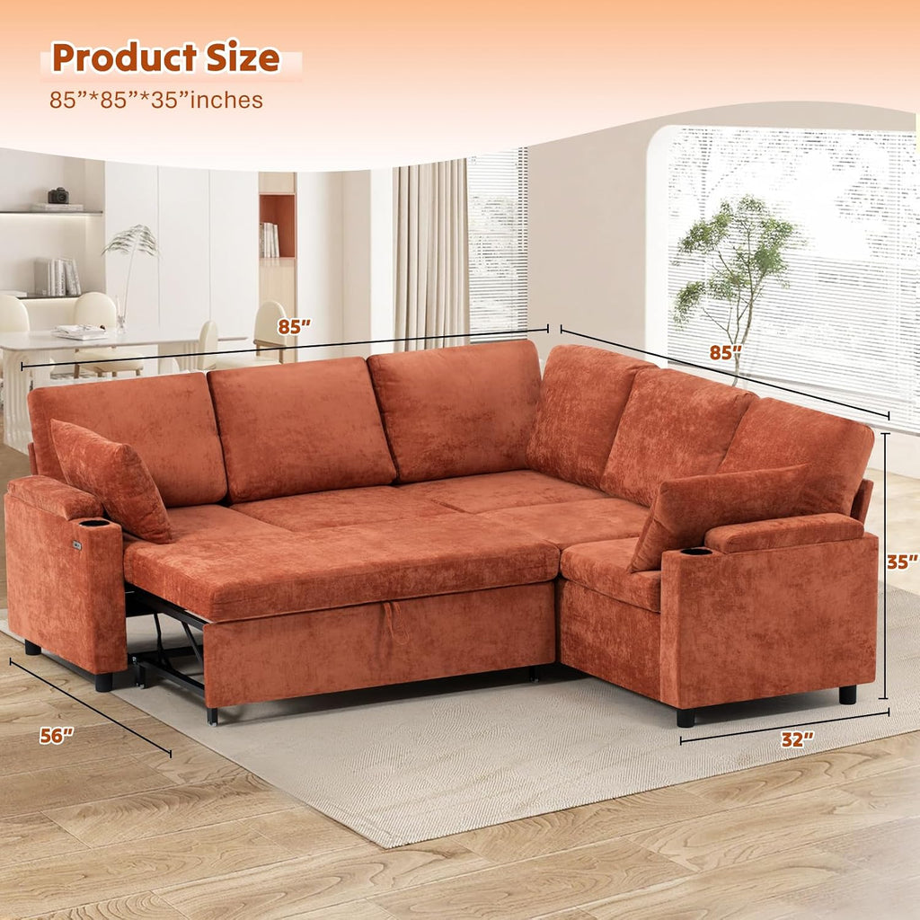85' Chenille Reversible Sectional Sofa w/Pull-Out Bed, Upholstery L Shaped Couch w/Storage Armrests & Cup Holders, Modern Corner Sofa w/USB Charging Port & Throw Pillow for Living Room, Orange