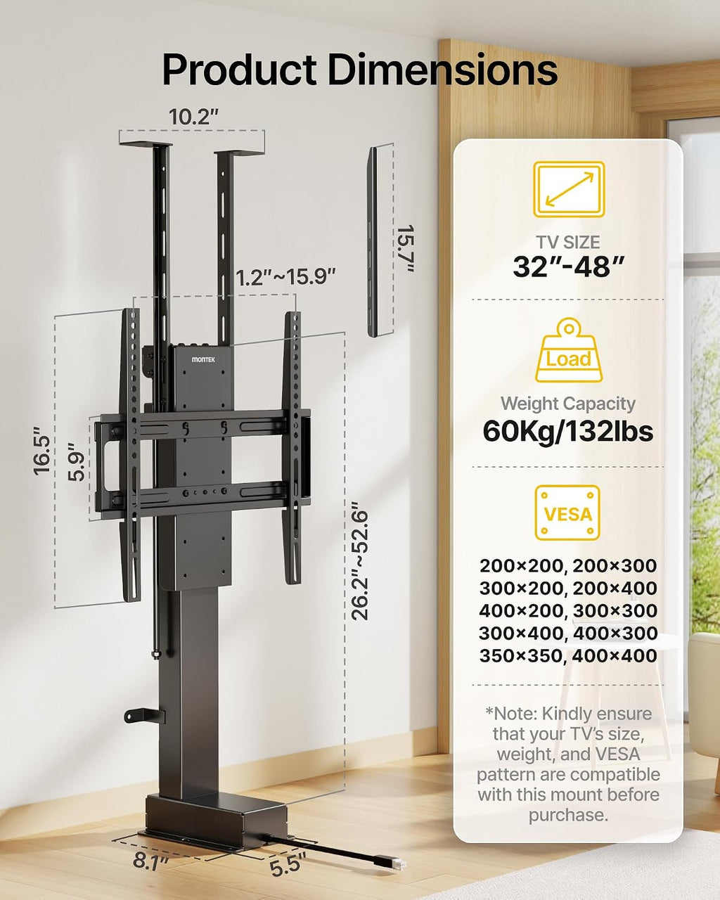 monTEK Motorized TV Lift for 32-48 inch TVs, Ceiling&Vertical TV Lift Mechanism with RF Remote, Smart Phone & Voice Control via WiFi, Up to 132lbs, 4X Load Tested, Max VESA 400 * 400